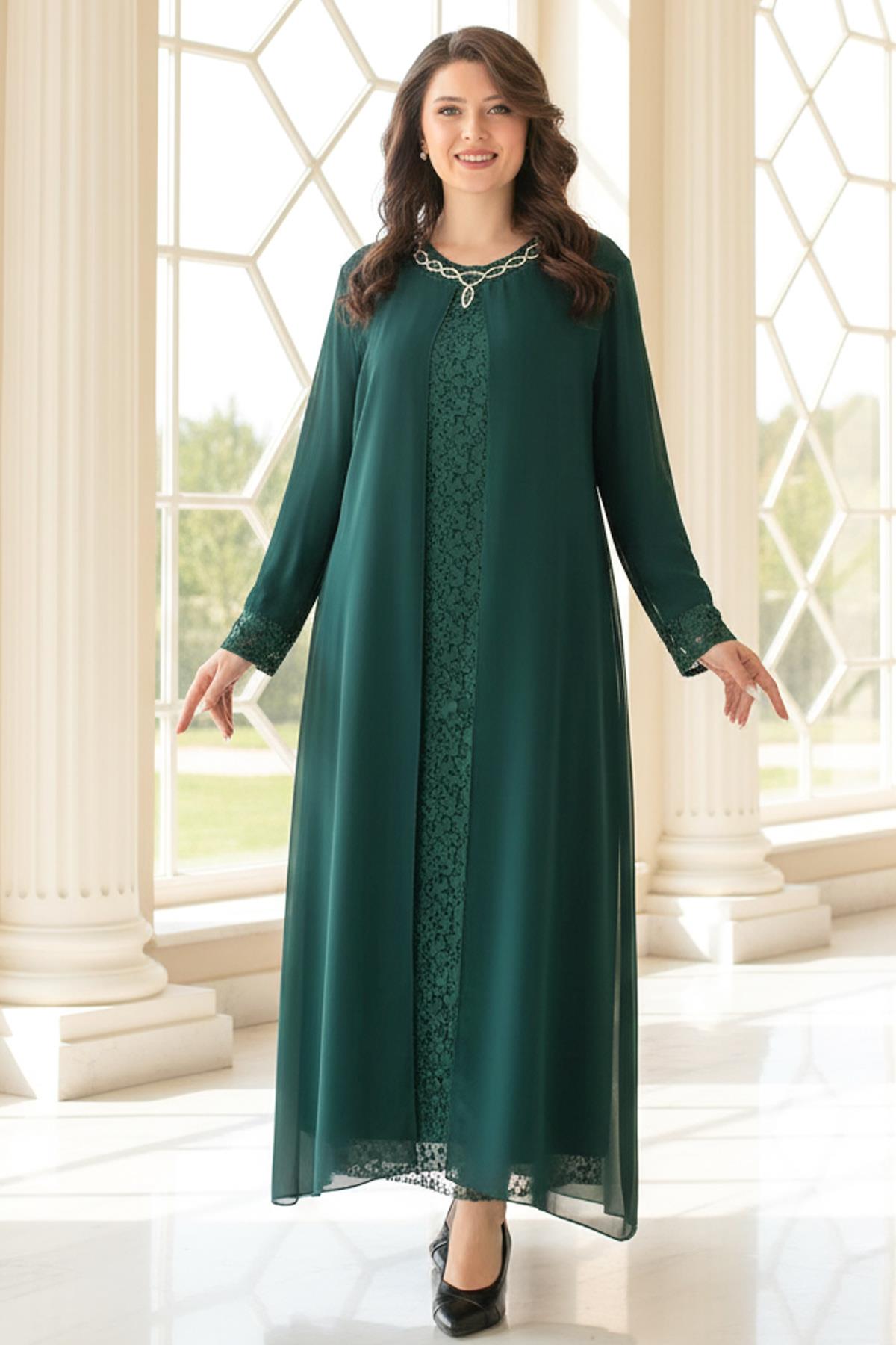 Necklace Detailed Evening Dress Green MDA2418