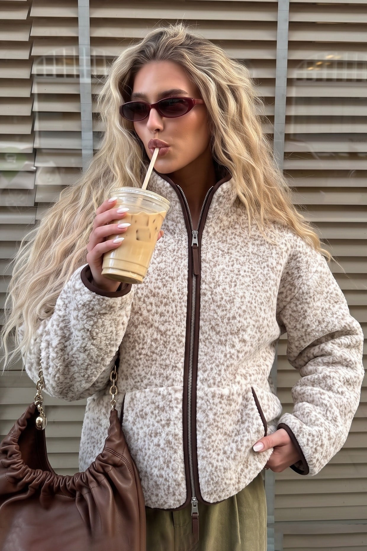Kanguru Desenli Cepli Peluş Teddy Ceket Bej FHMMZR006