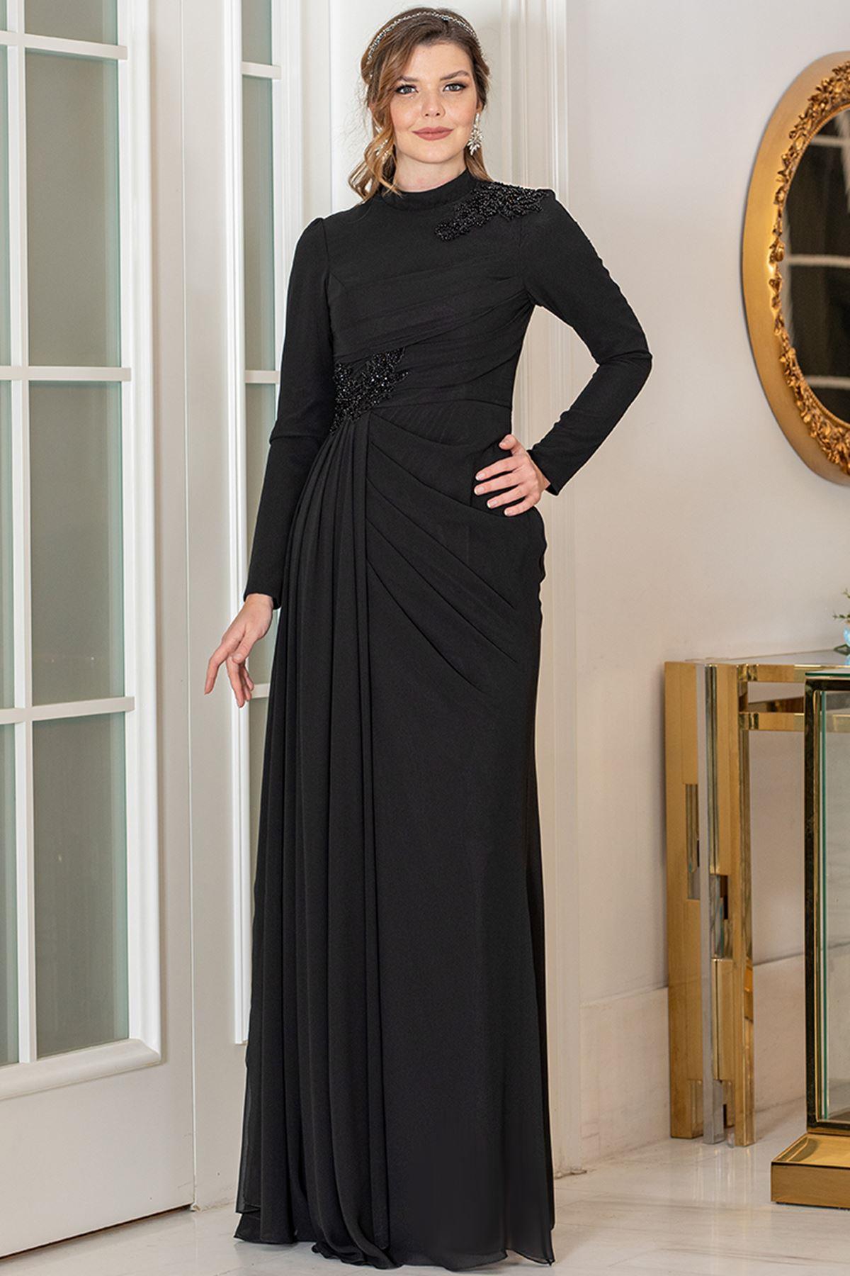 Robe de Soirée En Mousseline Noir AHN252