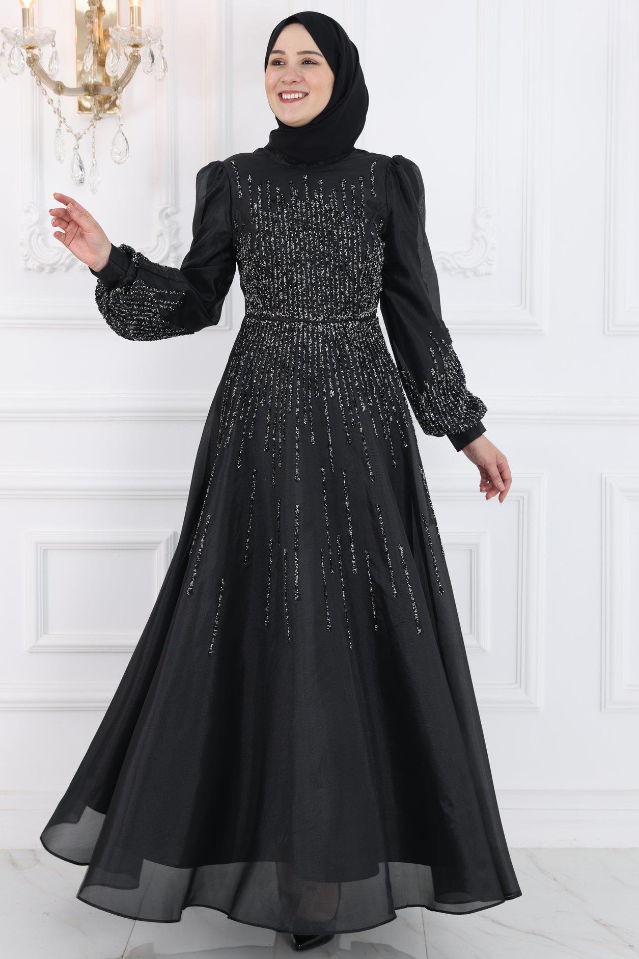 Stone Print Detailed Tulle Evening Dress Black AMH992