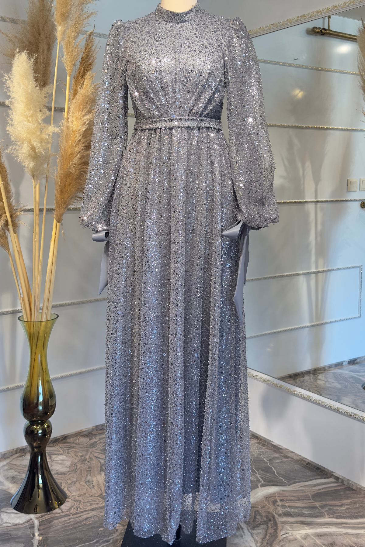 Robe De Soirée Perlée Argent AHN264