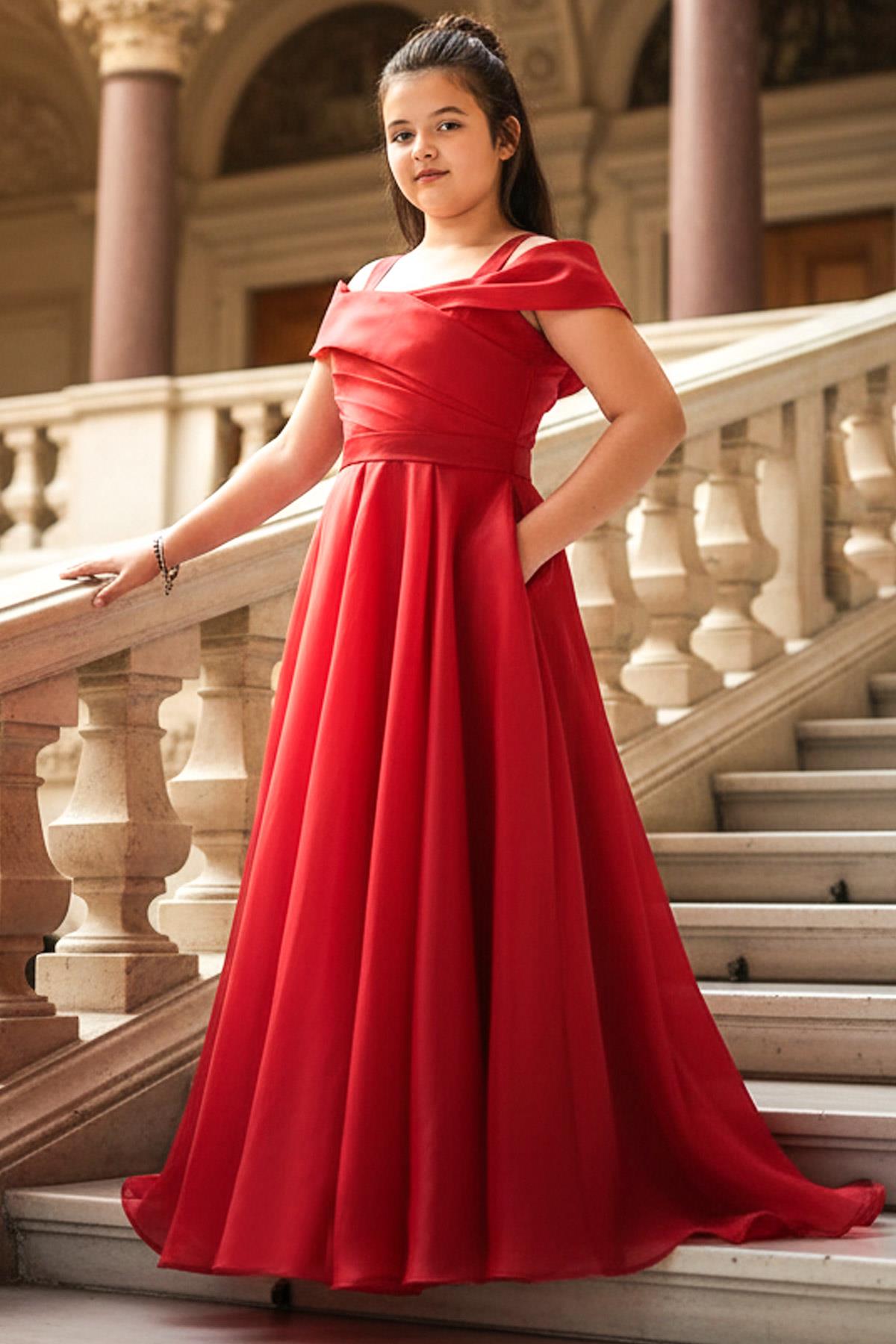Straped Waist Elastic Evening Dress Red MDV362
