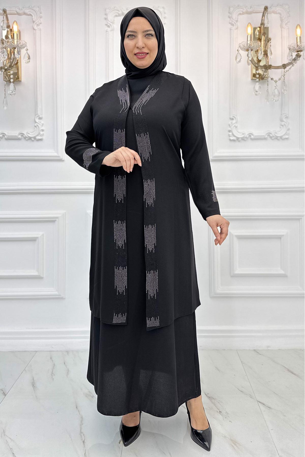 Stone Print Detailed Evening Dress Black AMH960
