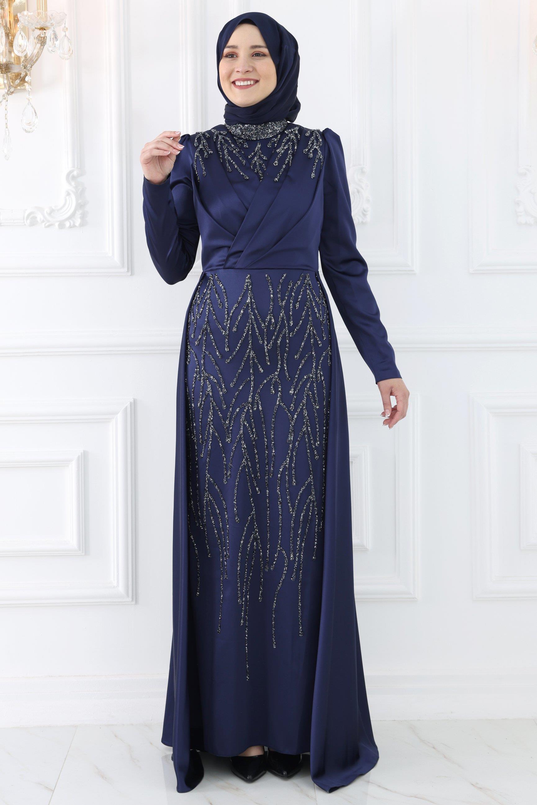 Stone Print Detailed Evening Dress Navy Blue AMH984