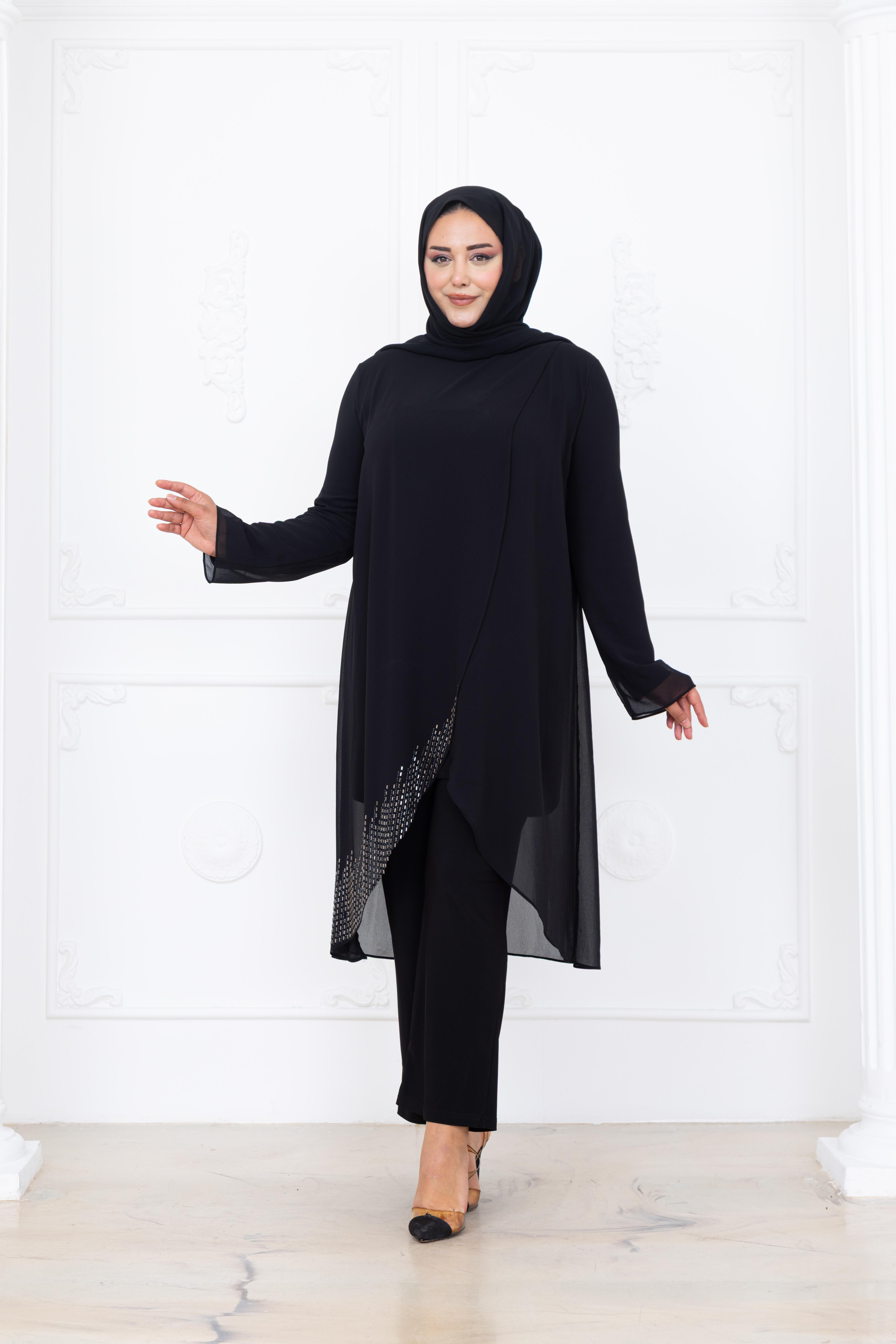Esin Şifon Taşlı Tesettür Takım Siyah AMH1082