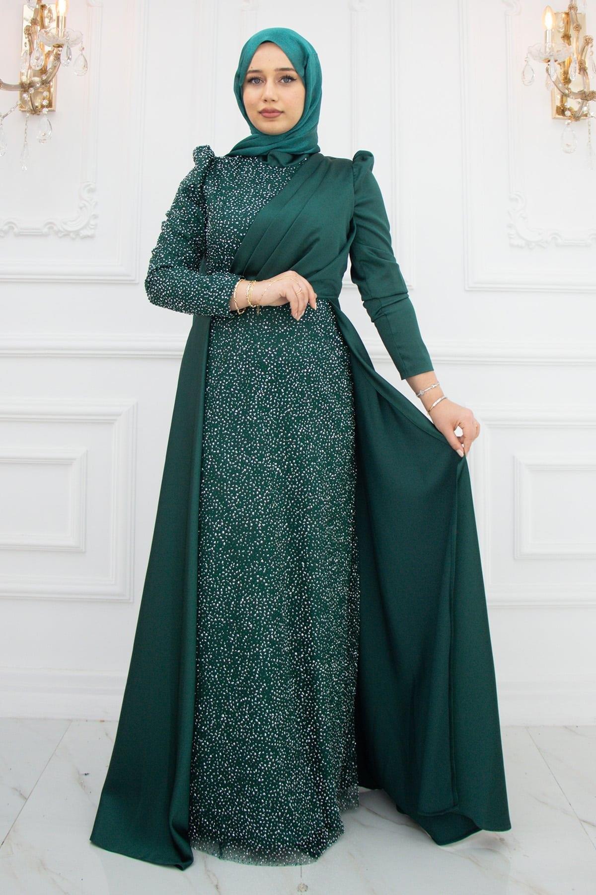 Stone Print Detailed Satin Evening Dress Emerald AMH972