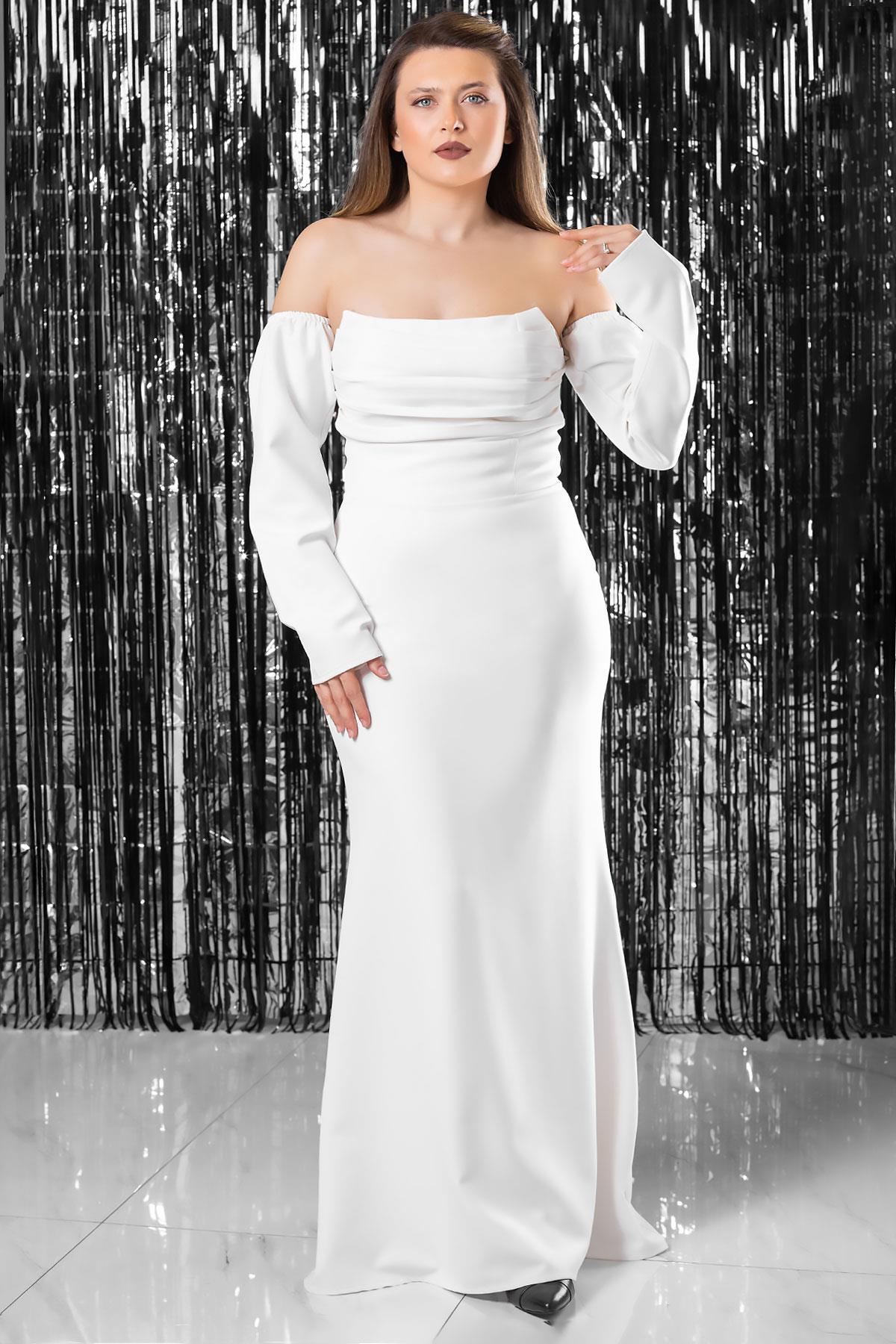 Robe de Soirée Noire à Manches Détaillées Ecru MDV378
