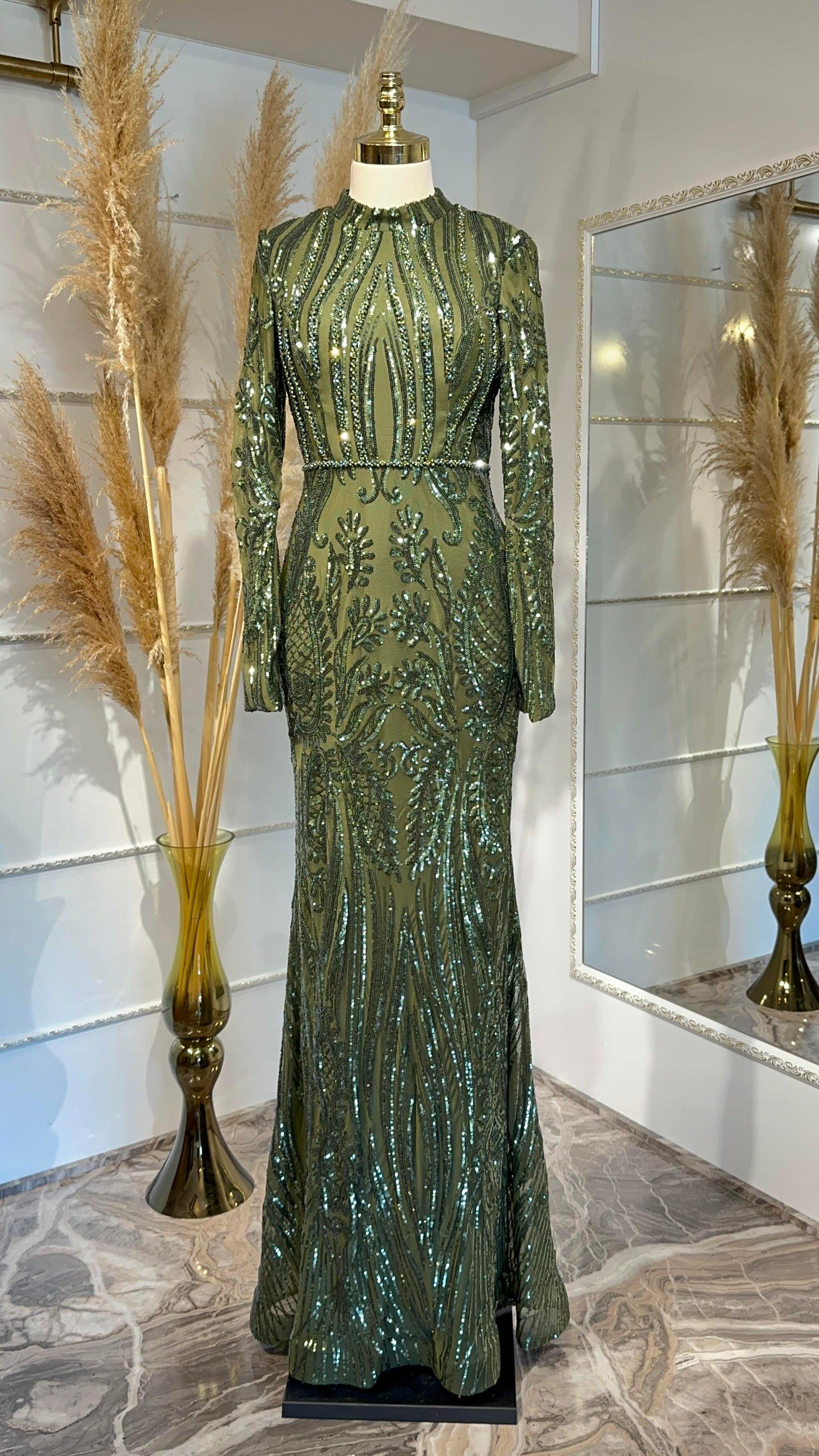 Robe De Soirée Perlée Kaki AHN266