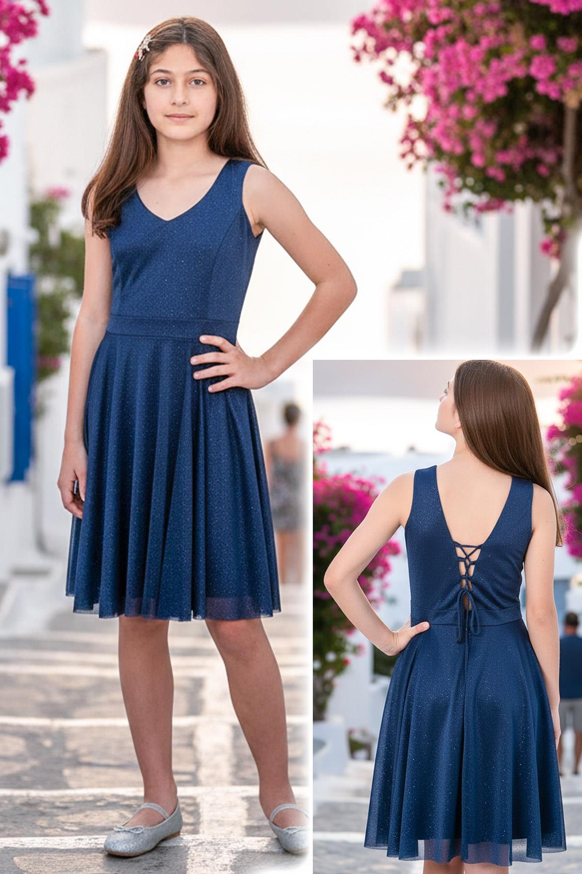 Back Detailed Tulle Evening Dress Navy Blue MDV942