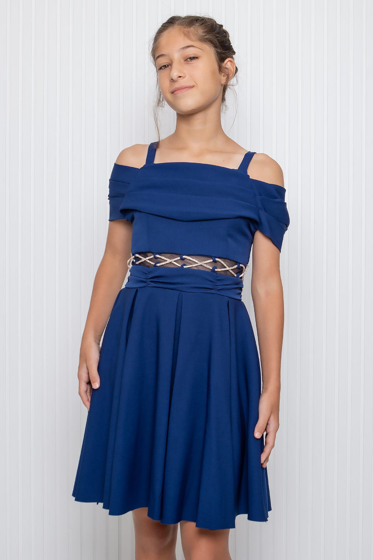 Kız Çocuk Bel Detaylı Abiye Elbise Lacivert MDV348