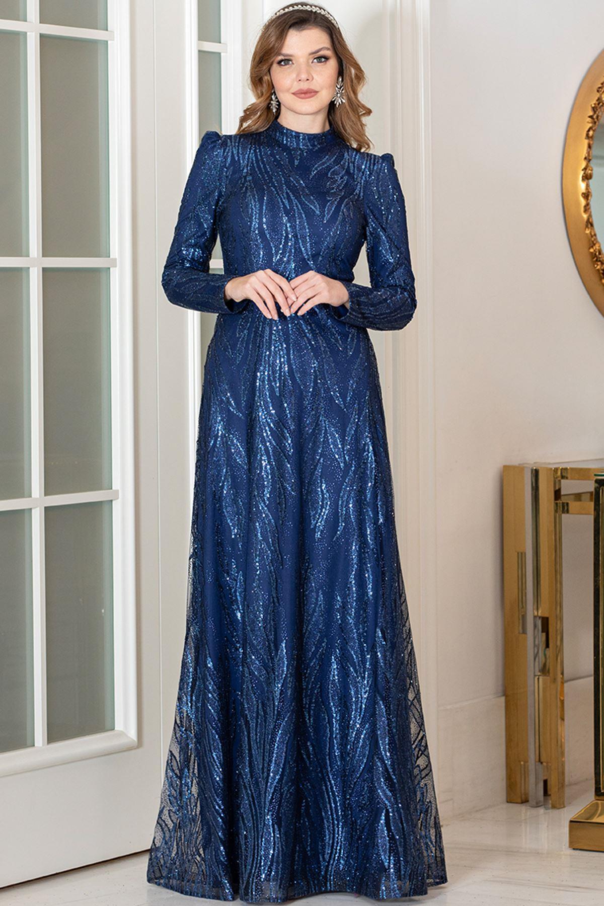Glittery Evening Dress Navy Blue AHN254