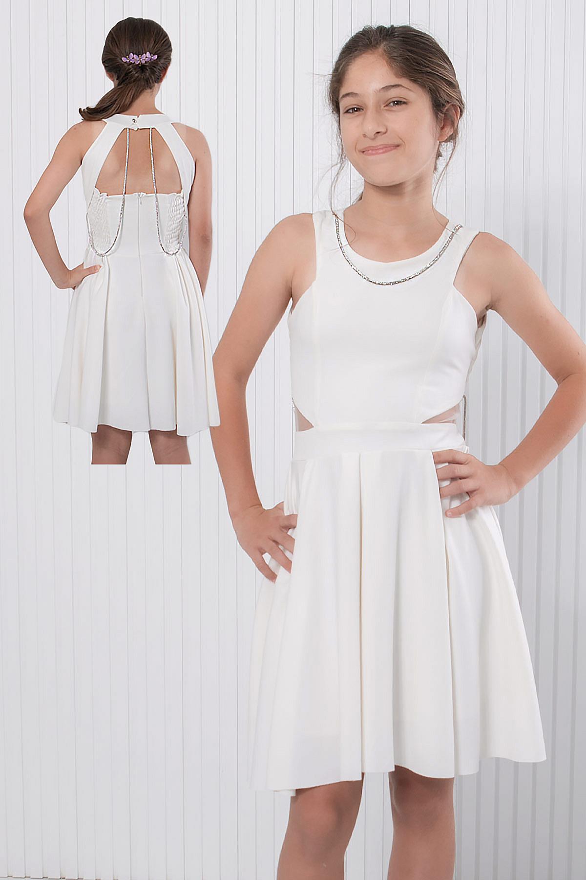 Evening Dresses with Stone Detail Ecru MDV344