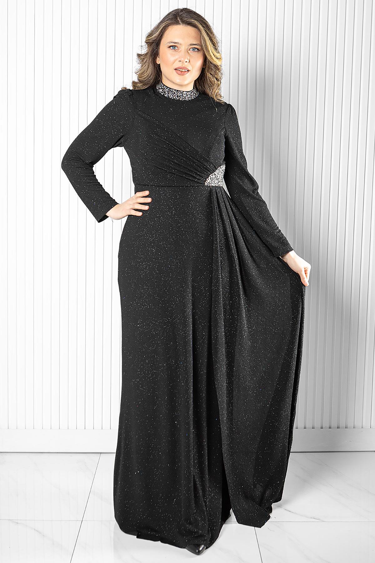 Taş Baskı Detay Simli Abiye siyah MDA2523