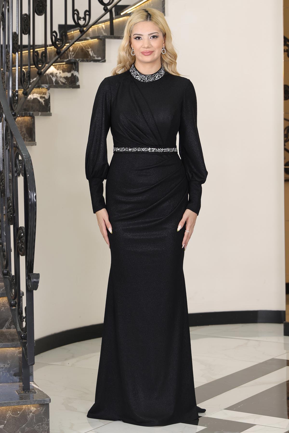 Hürrem Kuyruklu Taşlı Abiye Siyah ELB76