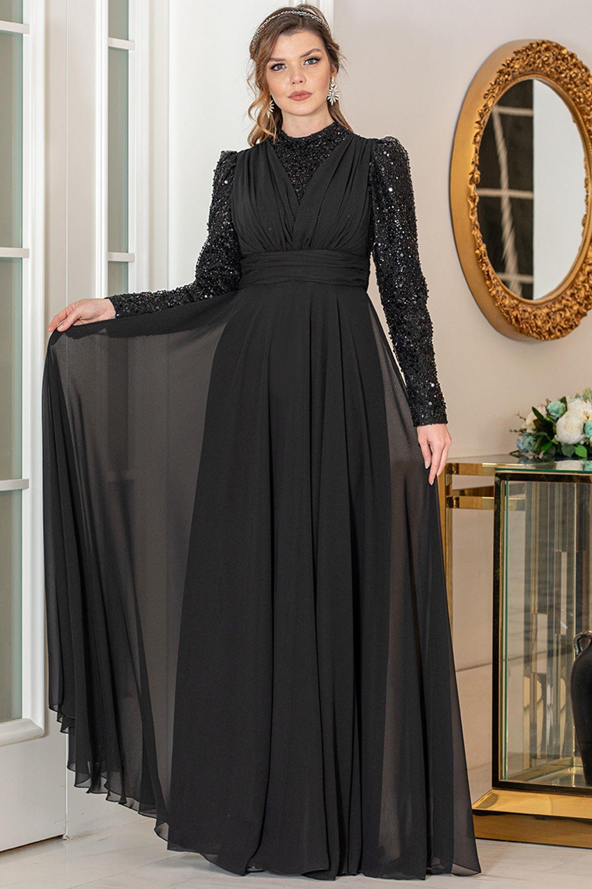 Robe De Soirée En Mousseline Noir AHN248