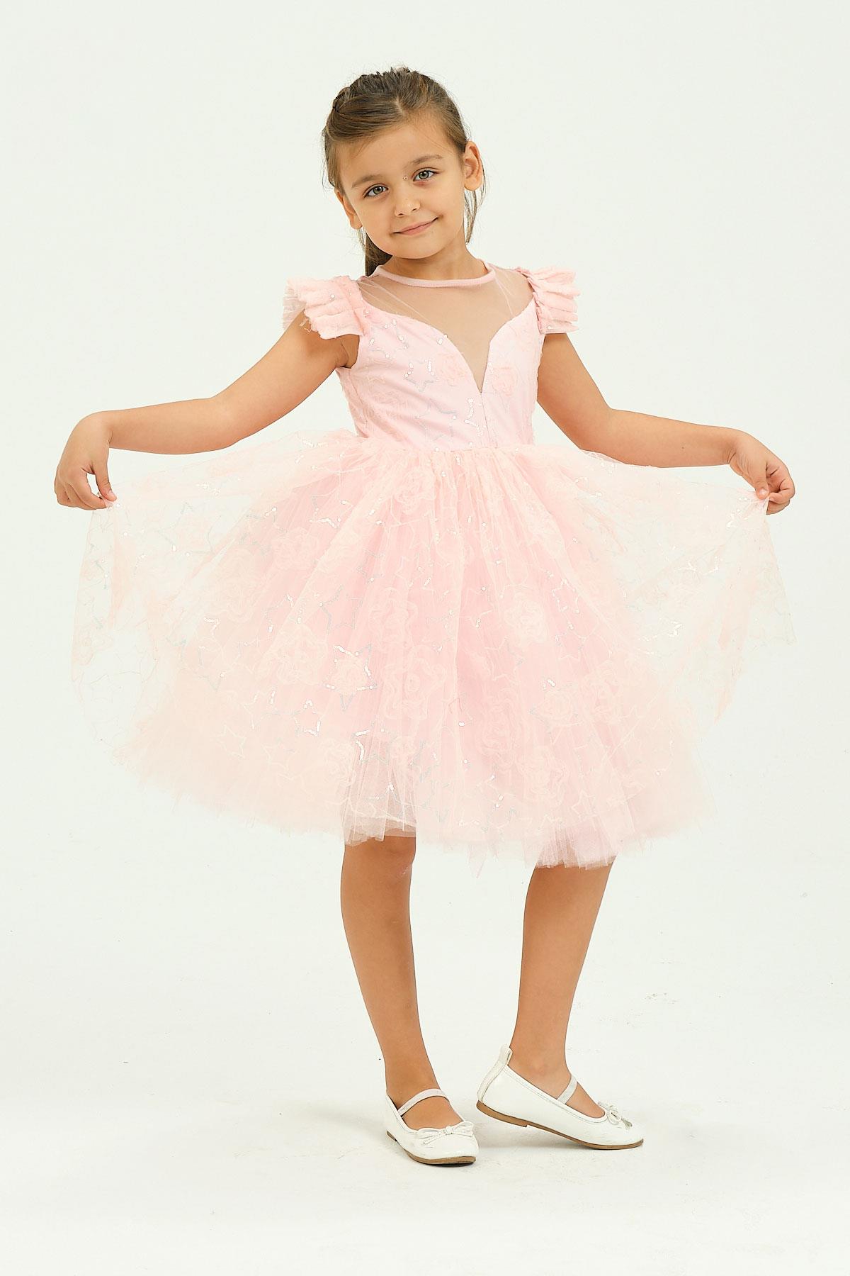 Kız Çocuk tül Detaylı Abiye Elbise Pembe KVC1018 