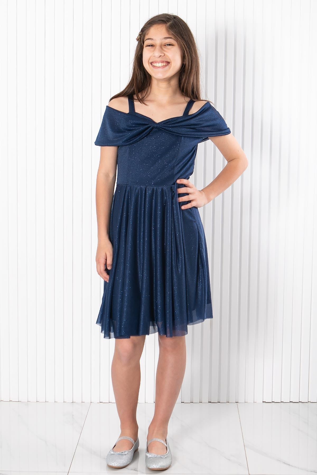 Strappy Silvery Tulle Evening Dress Navy Blue MDV944