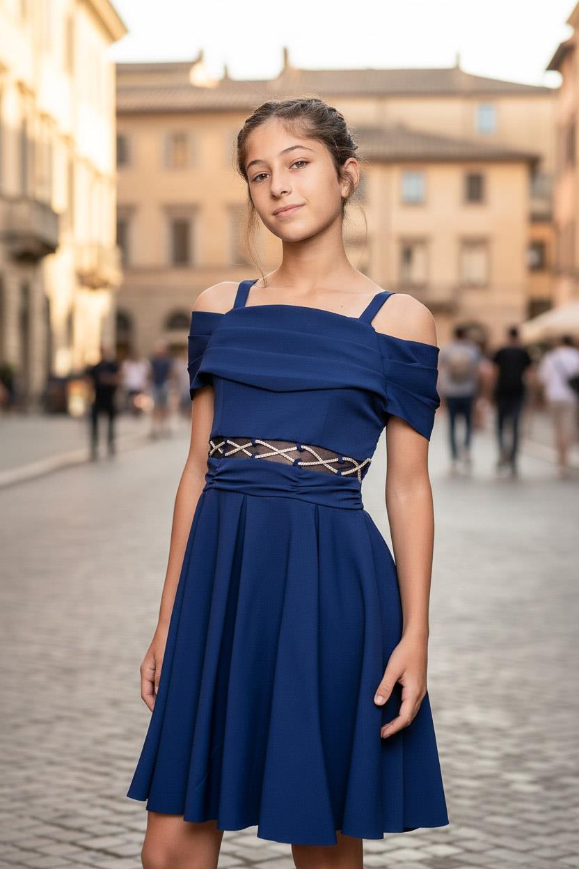 Girls' Evening Dress With Waist Detail Navy Blue MDV348