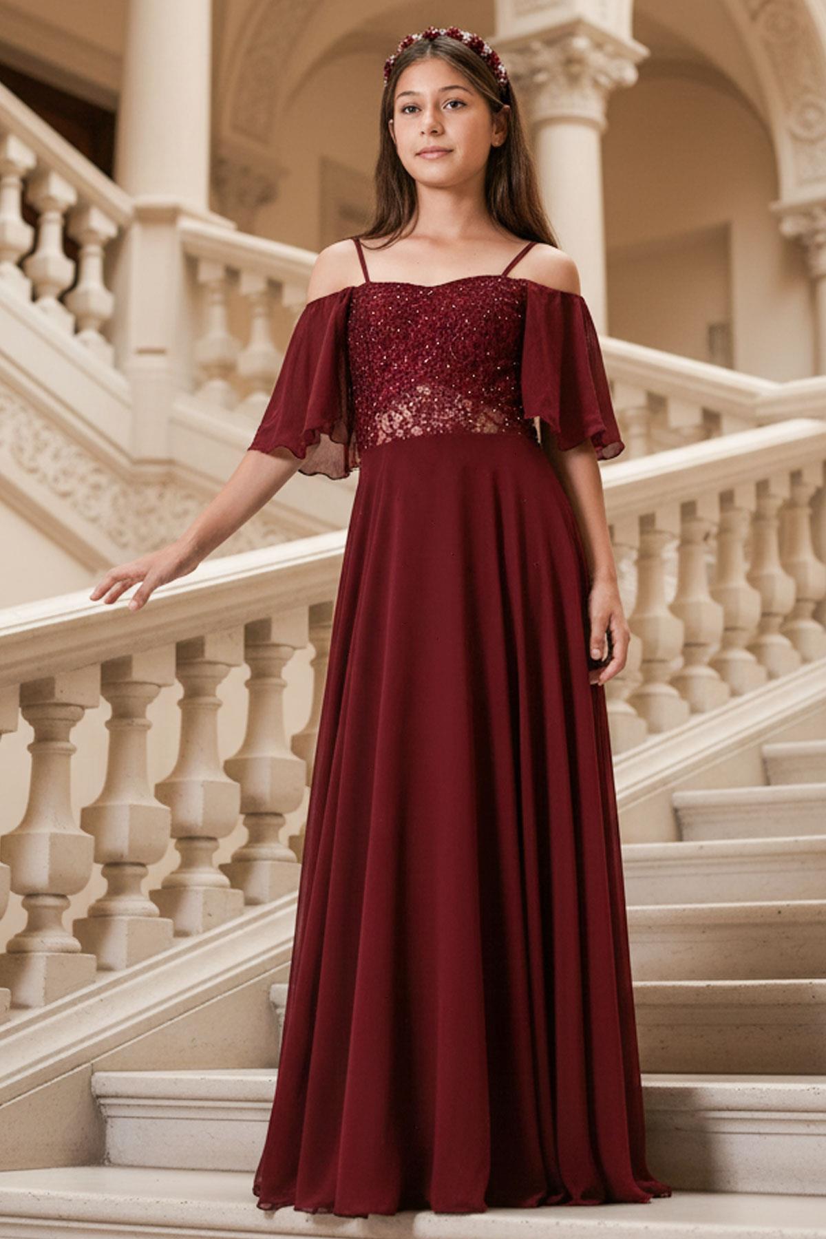 9-14 Years Old Lace Chiffon Evening Dress Claret Red MDV330