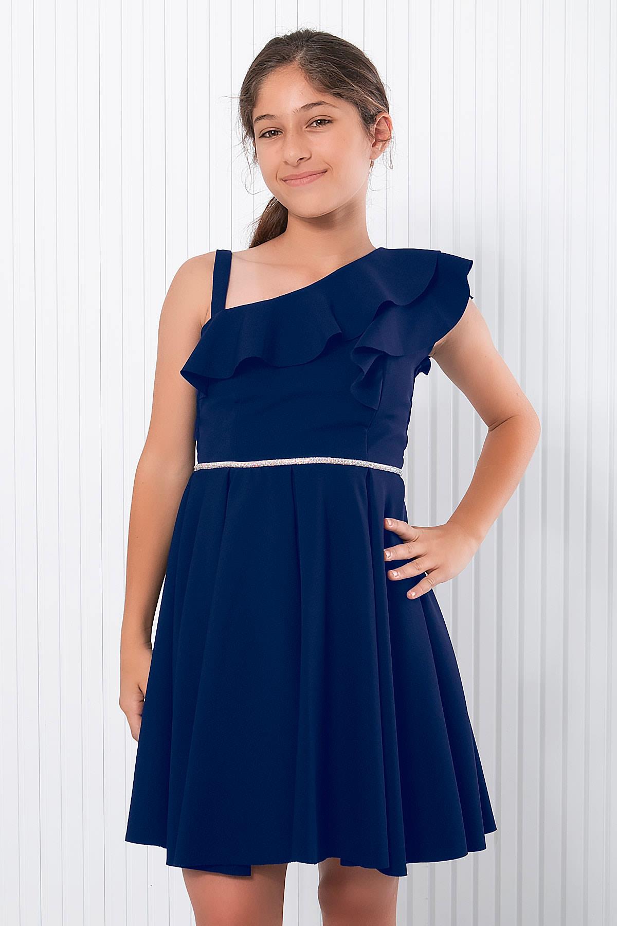 Stone Detailed Evening Dress Navy Blue MDV342
