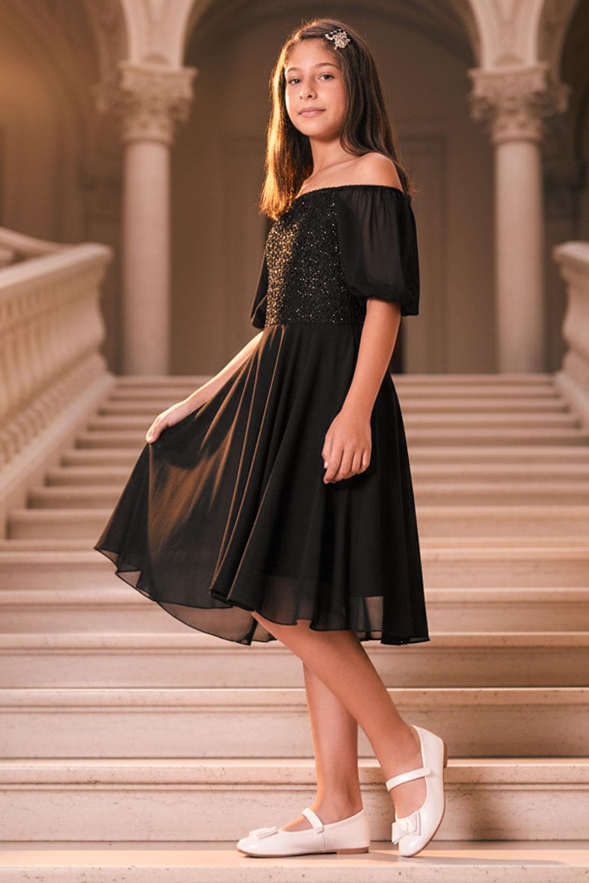 9-14 Years Old Balloon Sleeve Detailed Chiffon Evening Dress Black MDV332