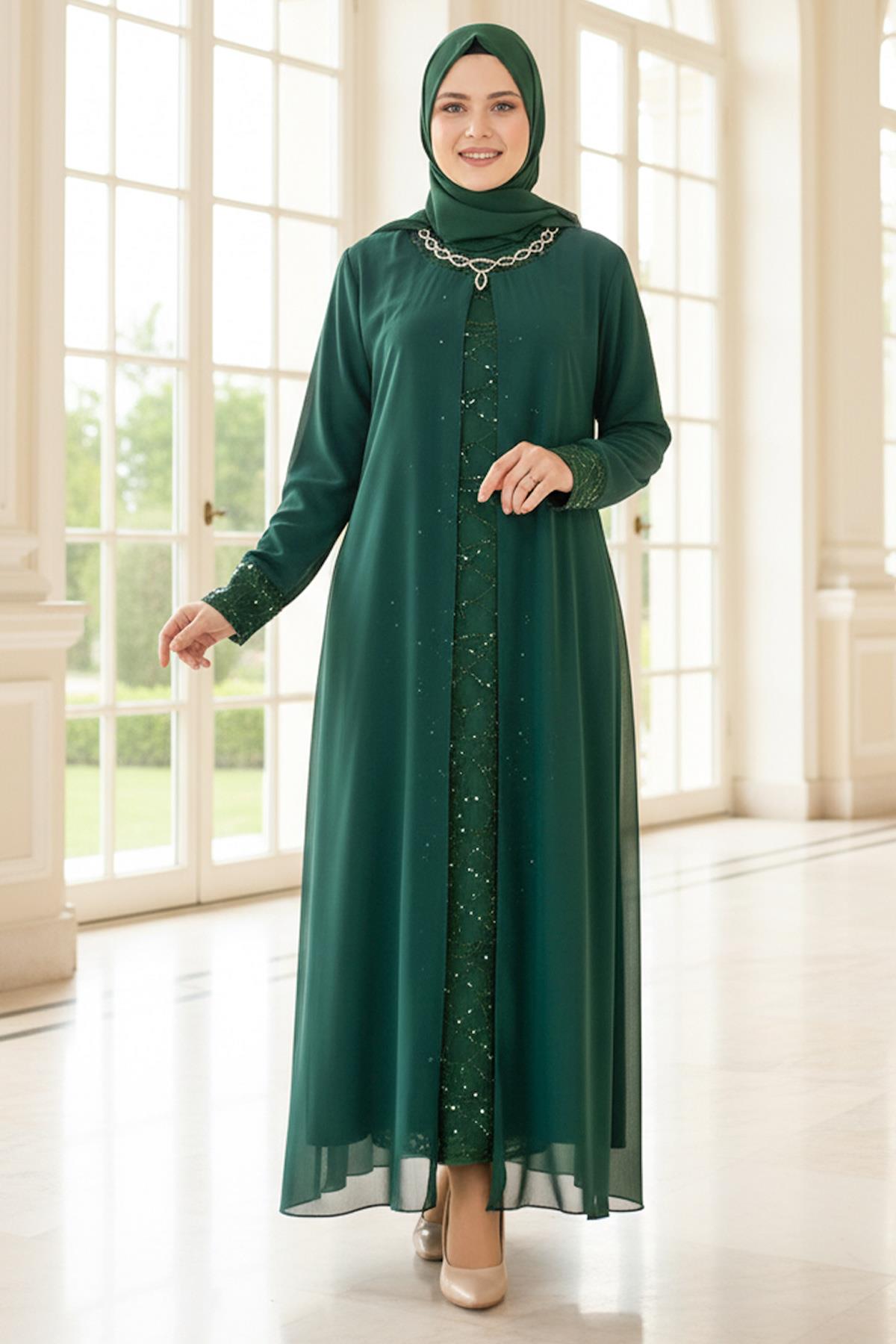 Sequin Detailed Evening Dress Green MDA2218