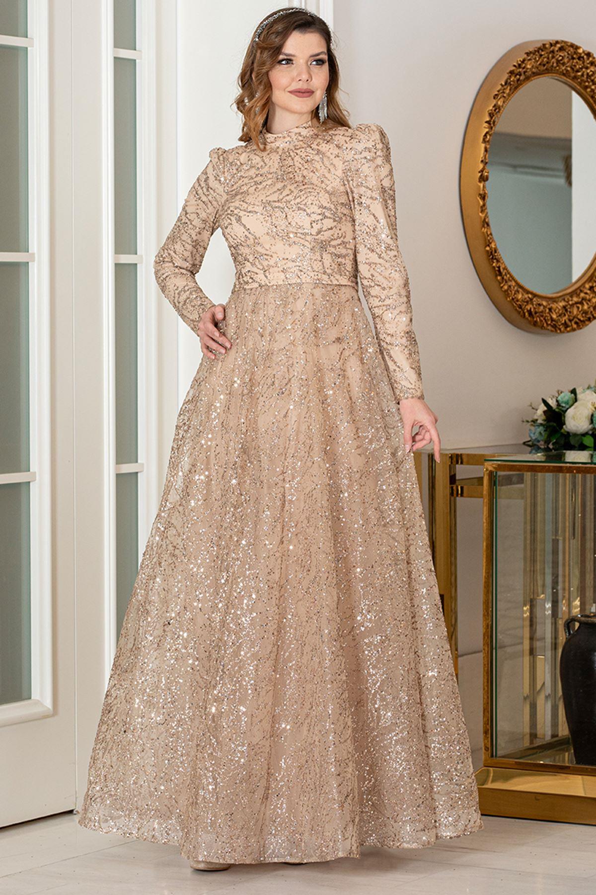 Sequined Evening Dress Gold AHN258