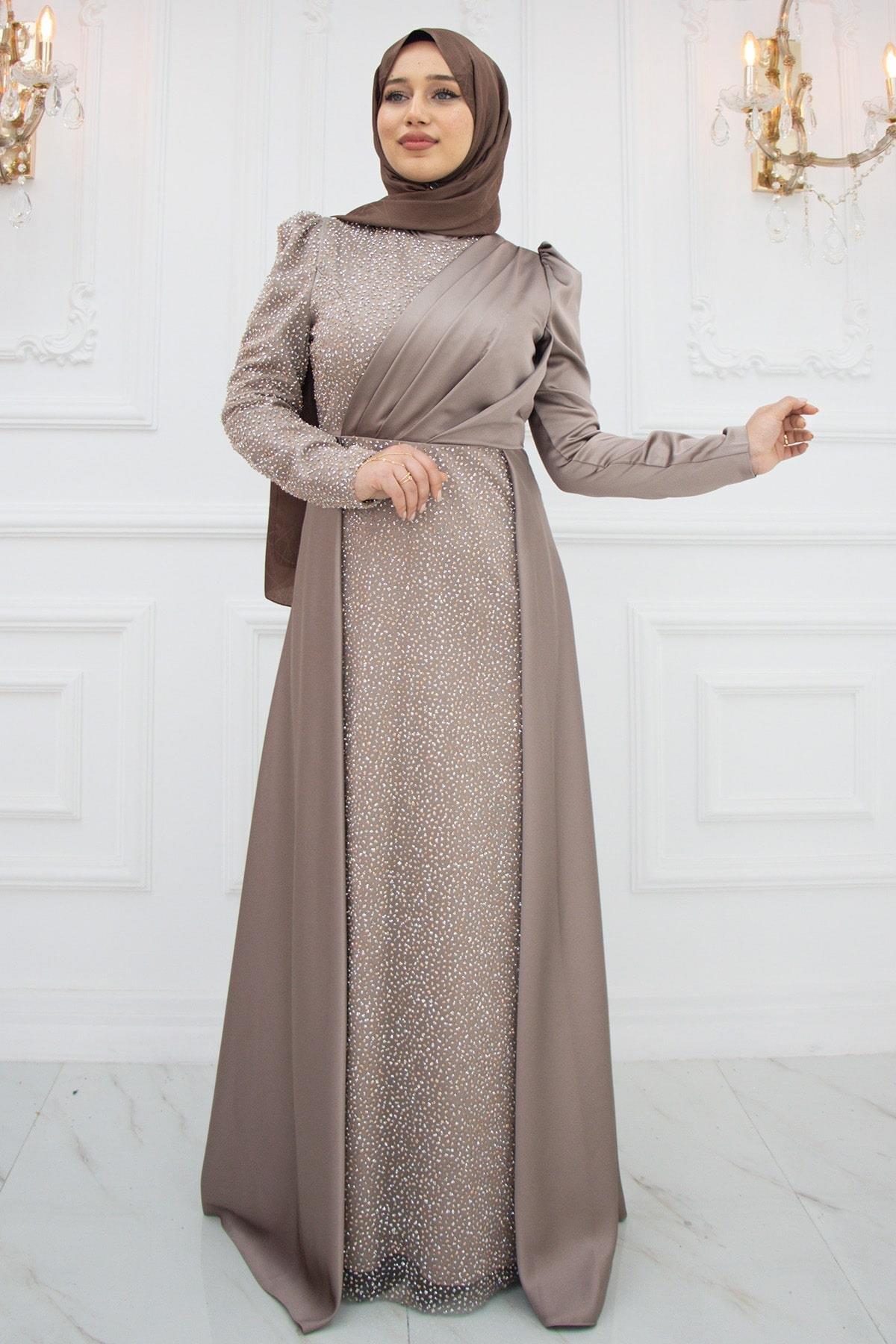Stone Print Detailed Satin Evening Dress Gold AMH972