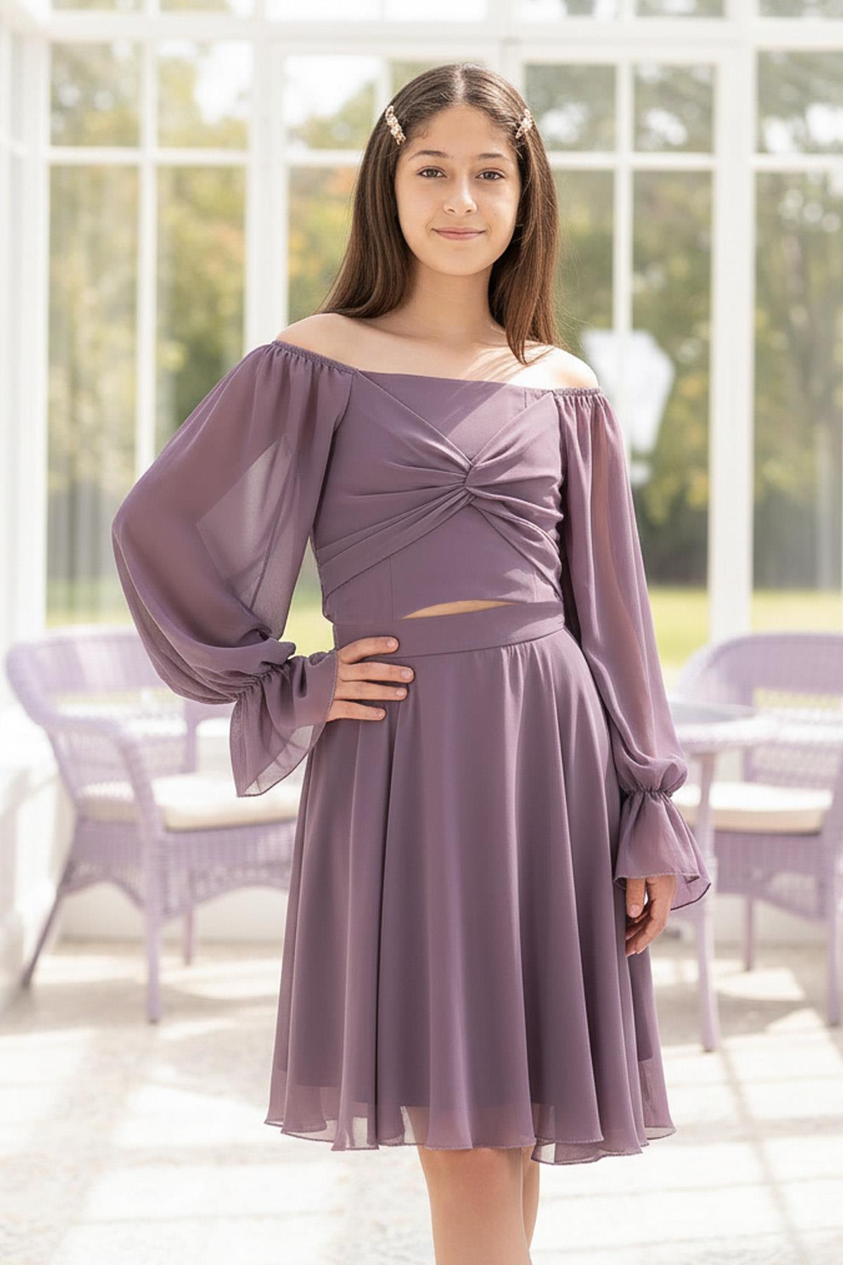 Ballon Sleeve Chiffon Abendkleid Flieder MDV934