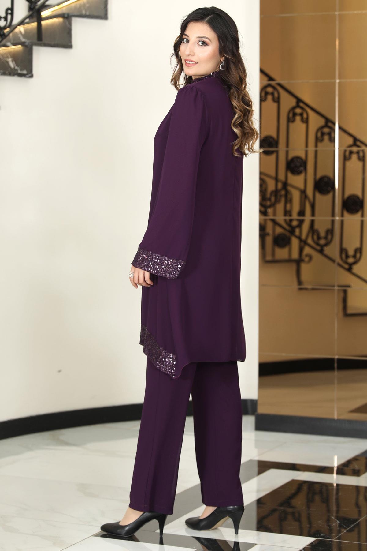 Tailleur Pantalon Tunique En Mousseline de Soie Prunee ELB68