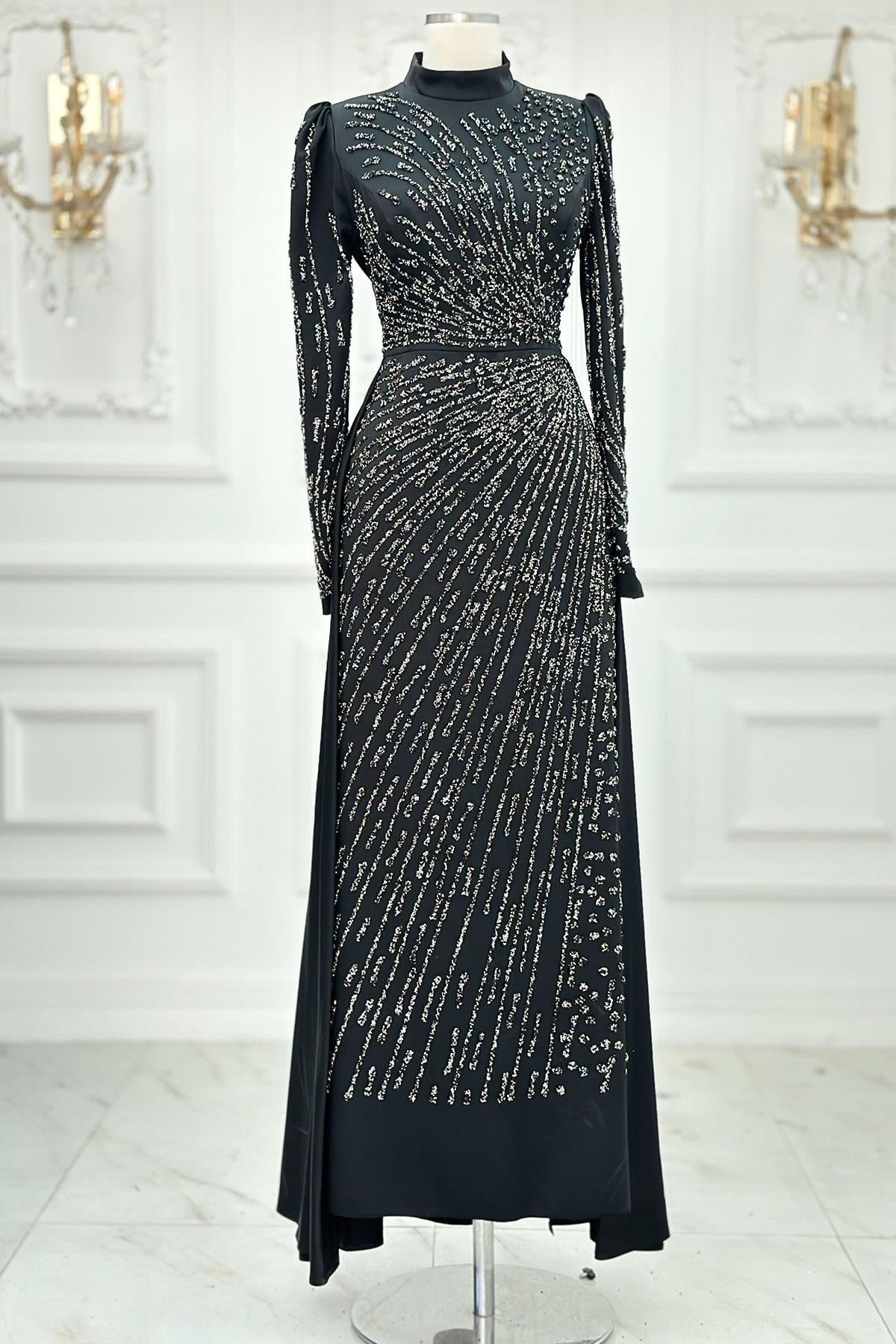 Stone Print Detailed Evening Dress Black AMH1006