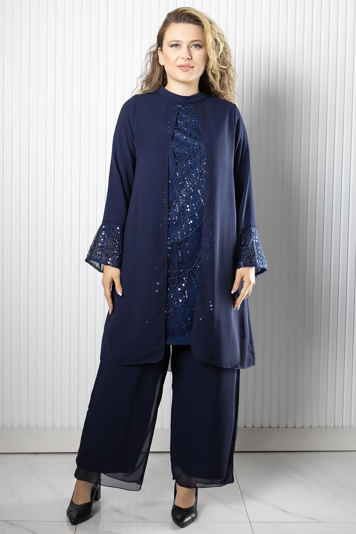 Taş Payet İşlemeli Şifon Pantalon Tunik Takım