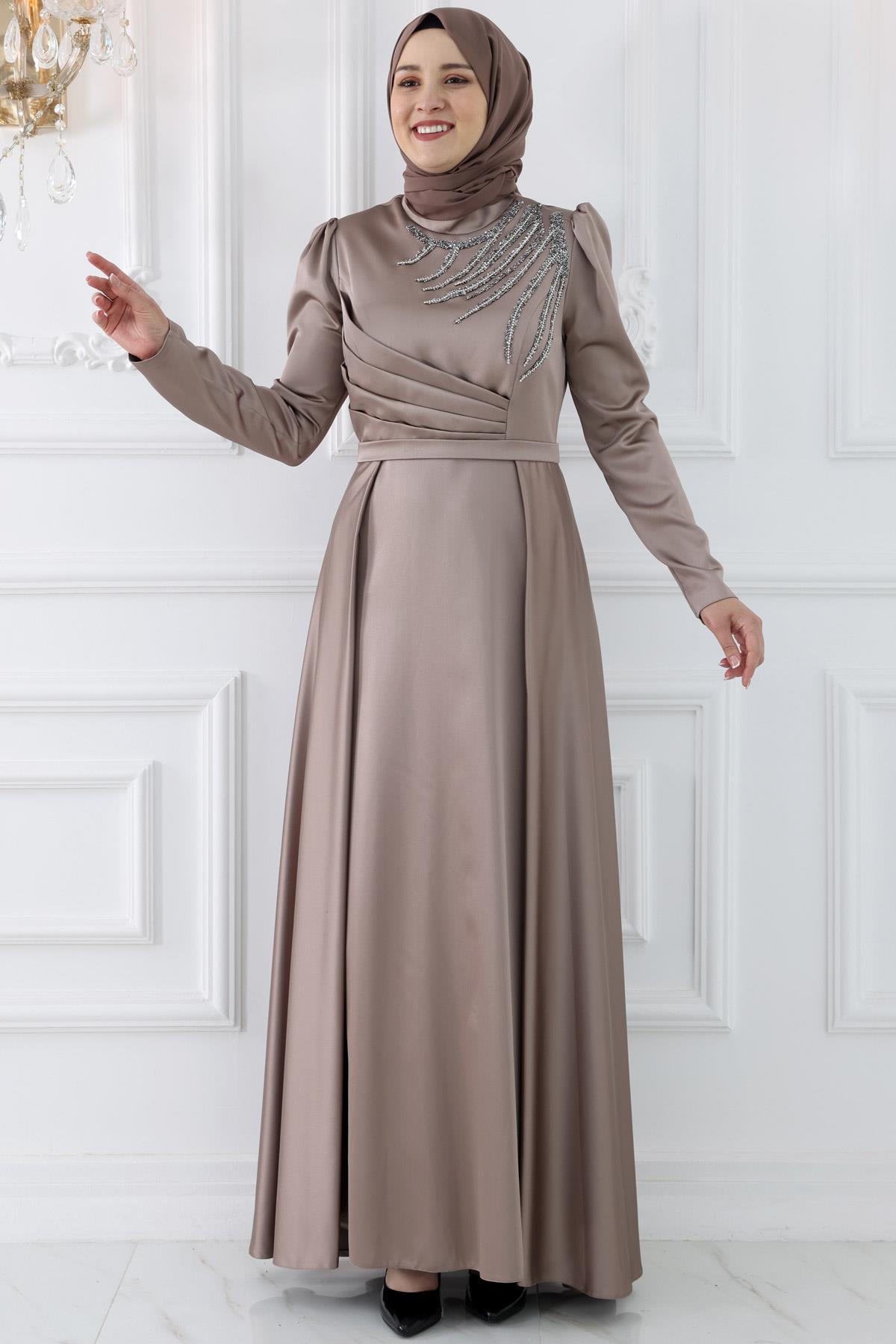 Satin Evening Dress with Embroidered Detail Beige AMH888