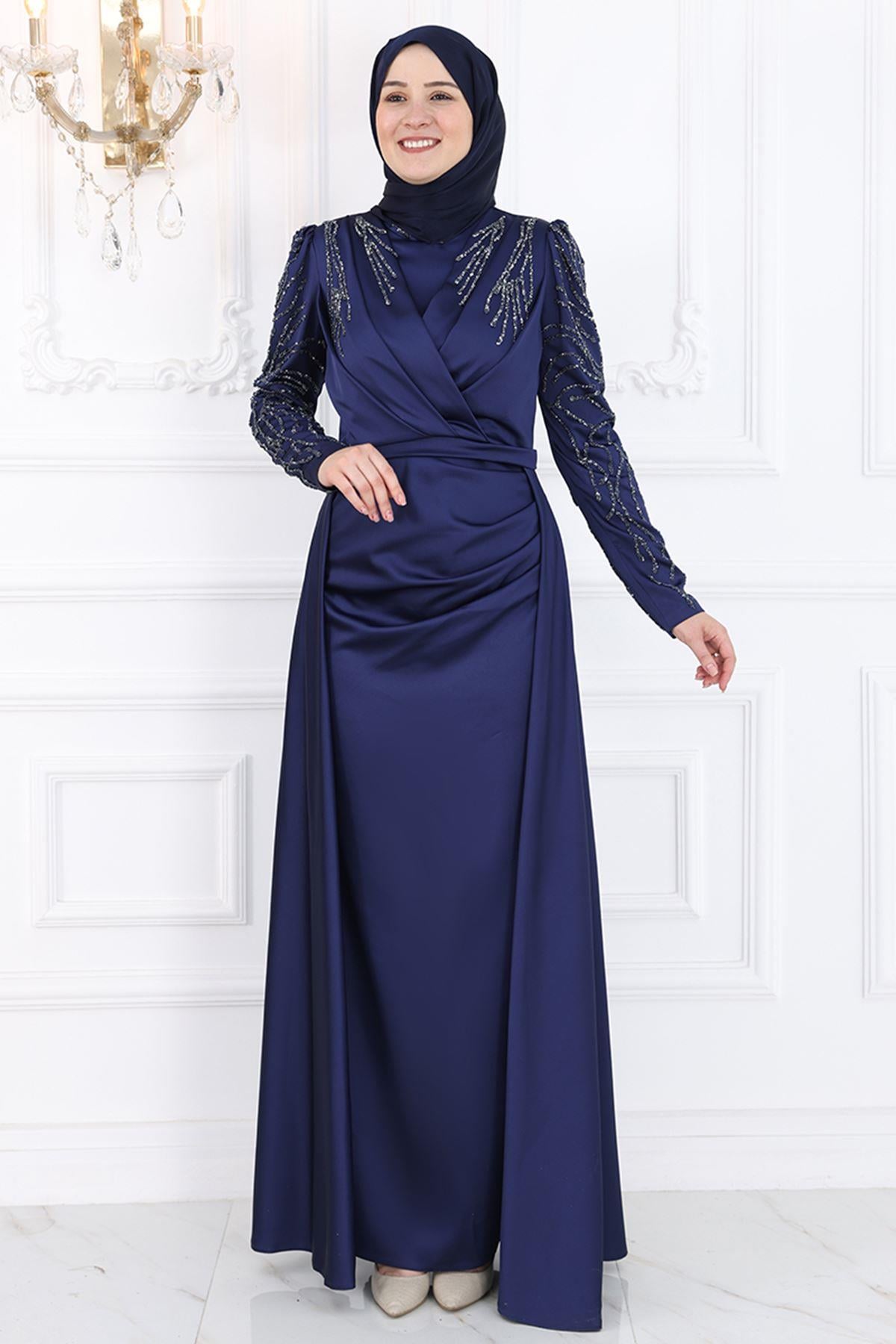 Stone Print Detailed Chiffon Evening Dress Navy Blue AMH994