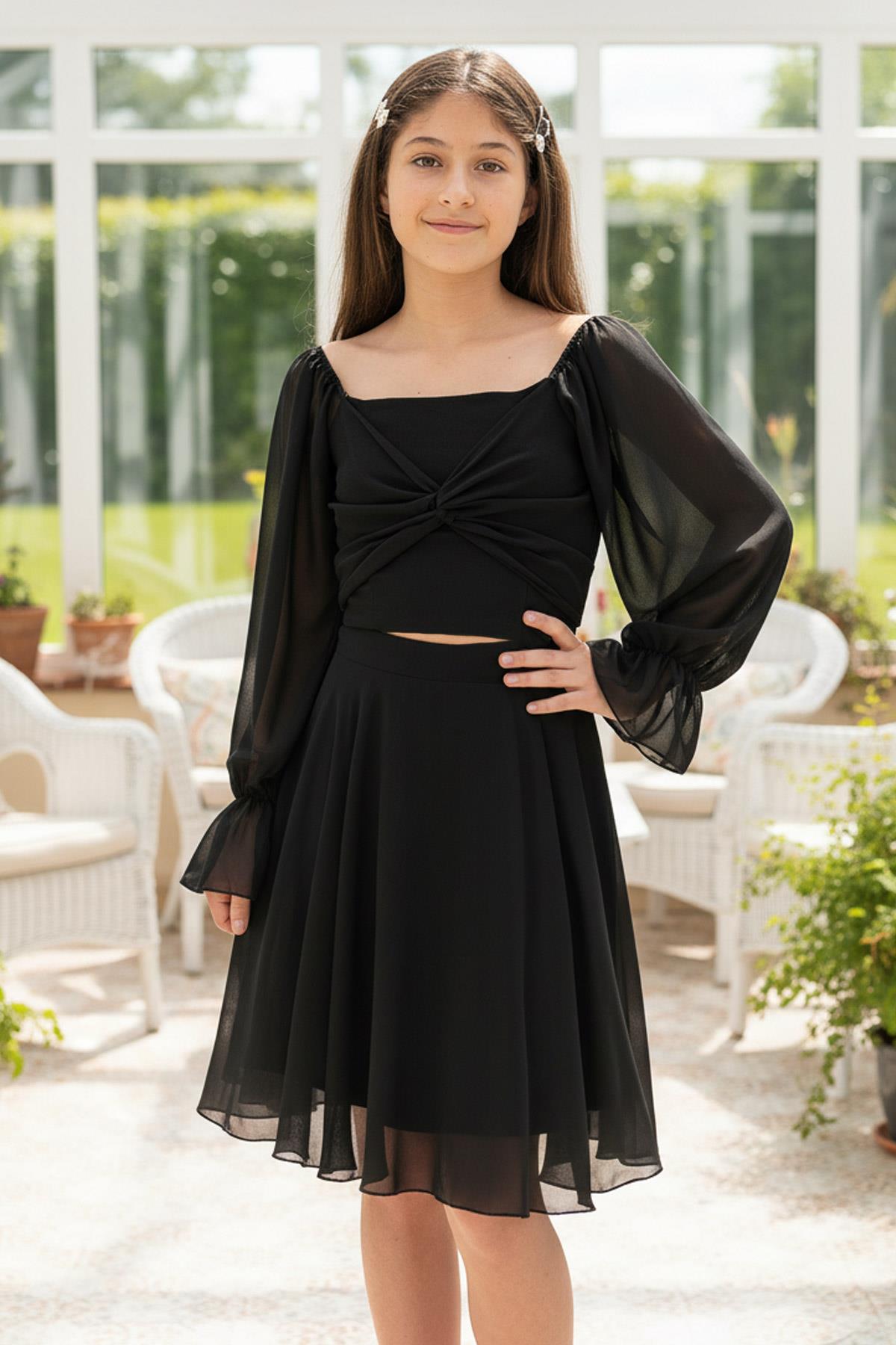 Ballon Sleeve Chiffon Abendkleid Schwarz MDV934