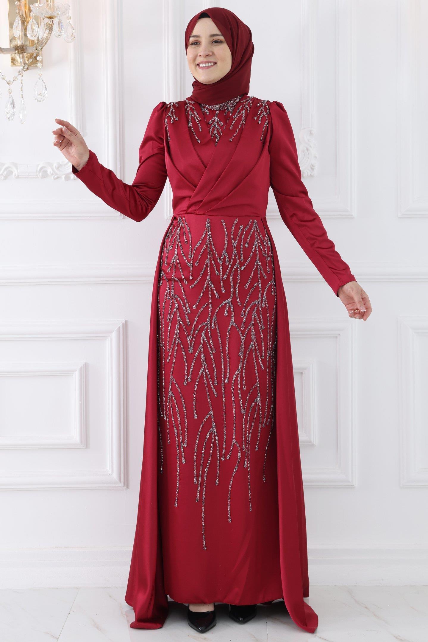 Nihal Abiye Elbise Bordo AMH984