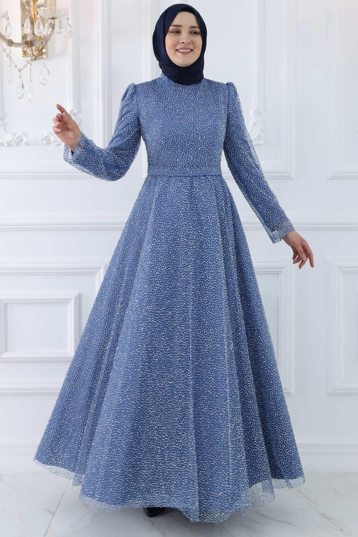 Stone Print Detailed Evening Dress İndıgo AMH980