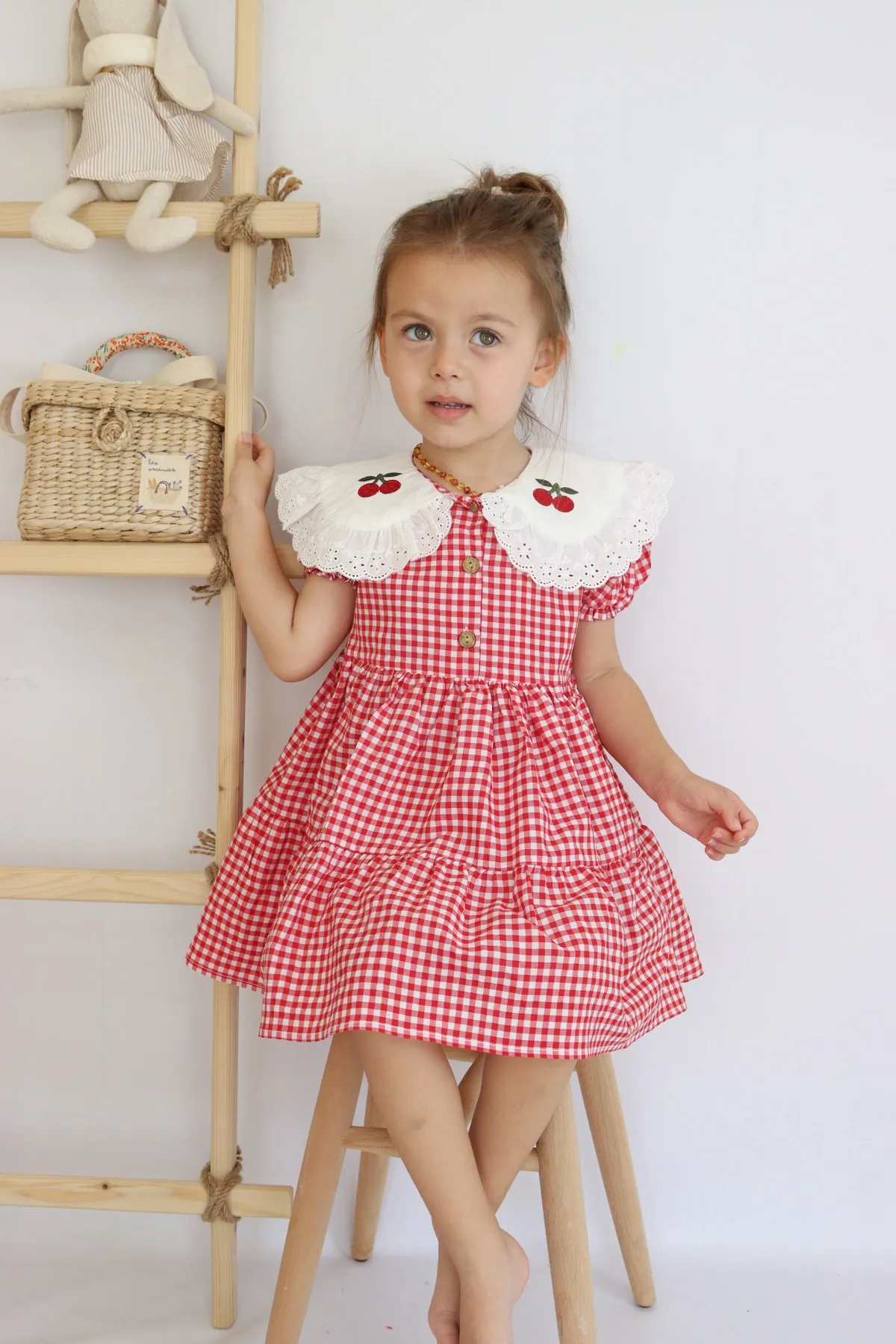 Cherry Gingham Dress Red MDVK132