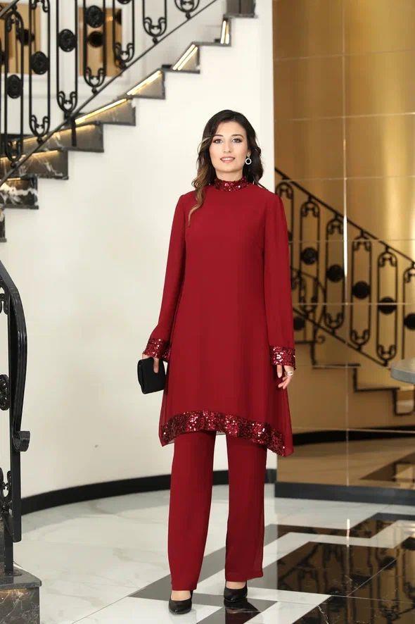 Umay Şifon Tunik Pantolon Takım Bordo ELB68