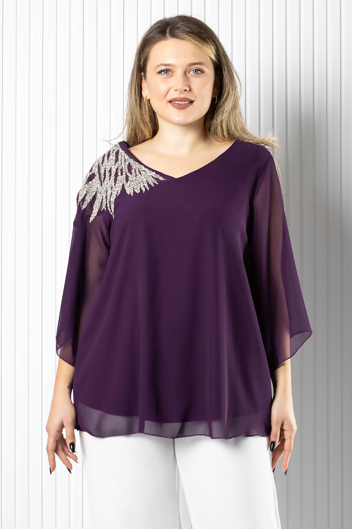 Tek Omuz İşlemeli Şifon Bluz 