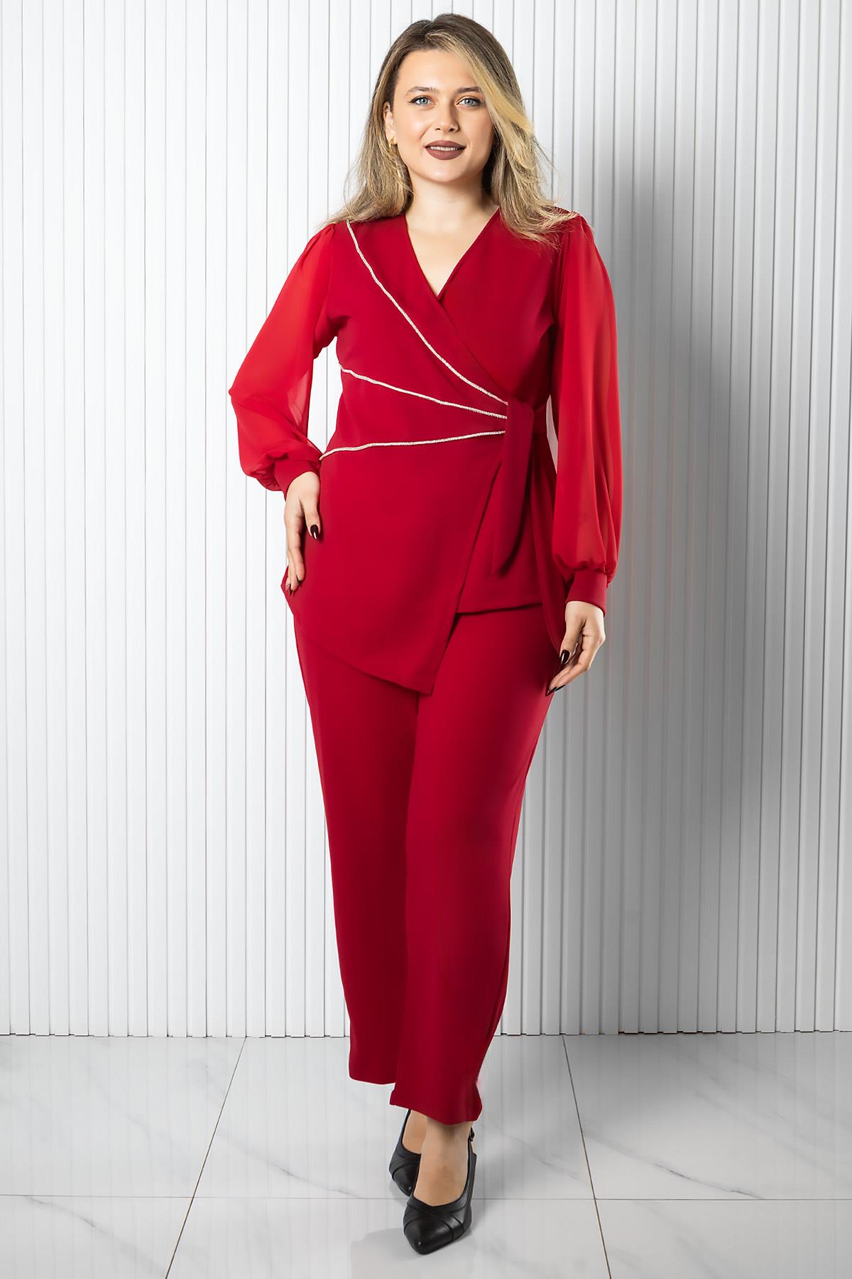 Kruvaze Bluz Pantolon Takım