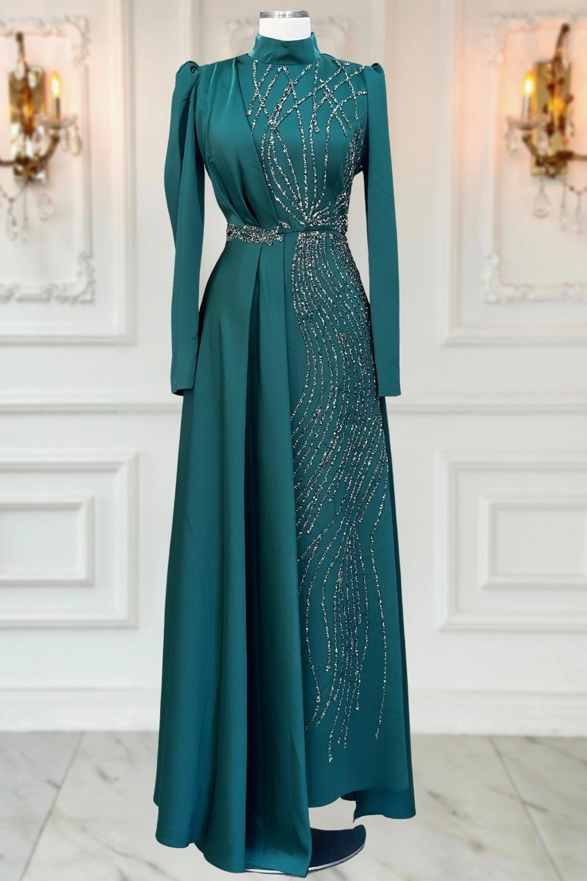 Abendkleid aus Satin mit Steinmuster und Detailliertem Muster Smaragd  AMH1022