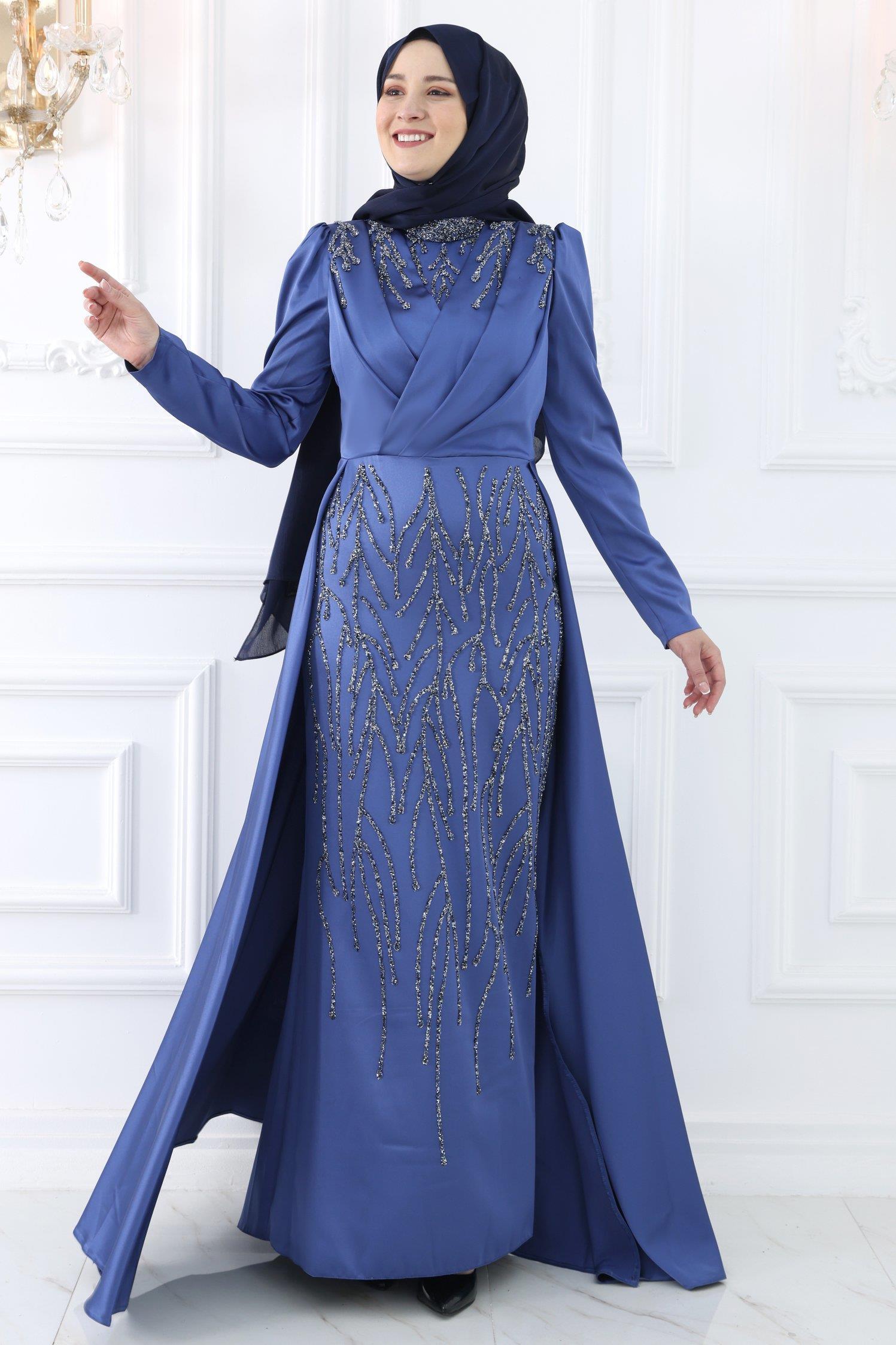 Stone Print Detailed Evening Dress Indigo AMH984