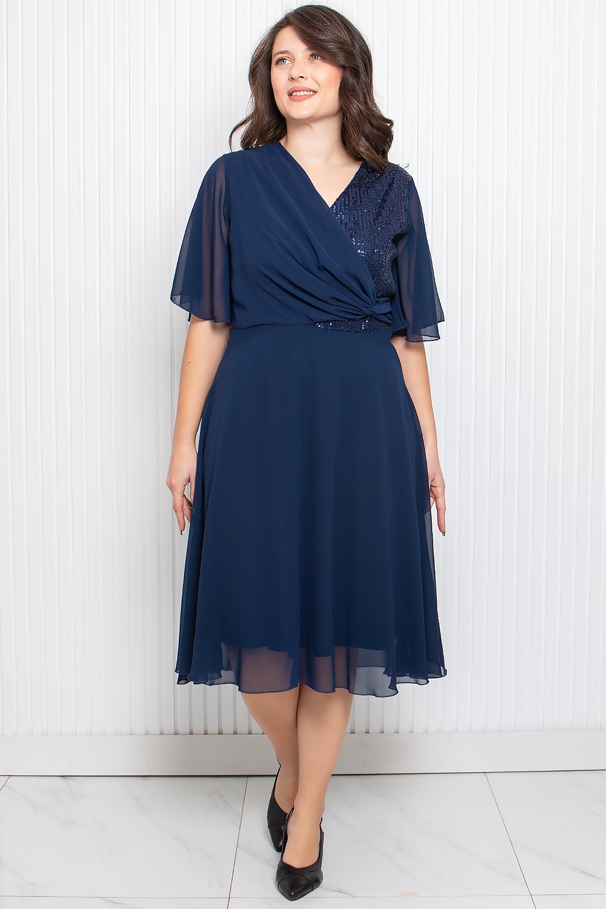 Sequin Detailed Chiffon Evening Dress Navy Blue MDV360