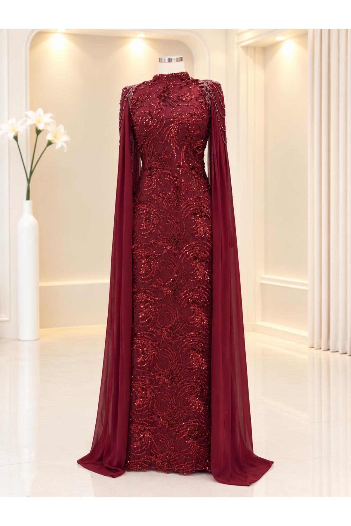 Talya Abiye Elbise Bordo AMH1176