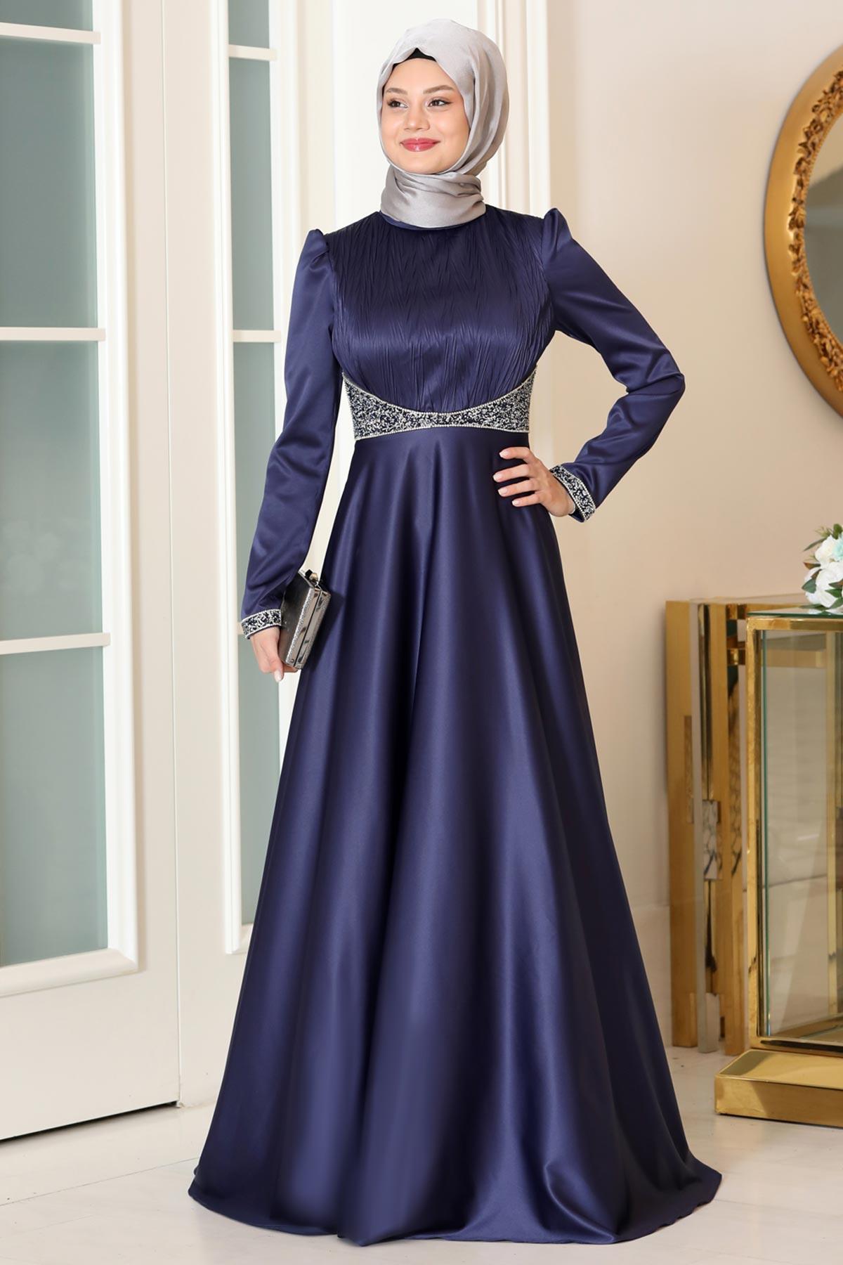 Stone Print Detailed Satin Evening Dress Navy Blue SN80