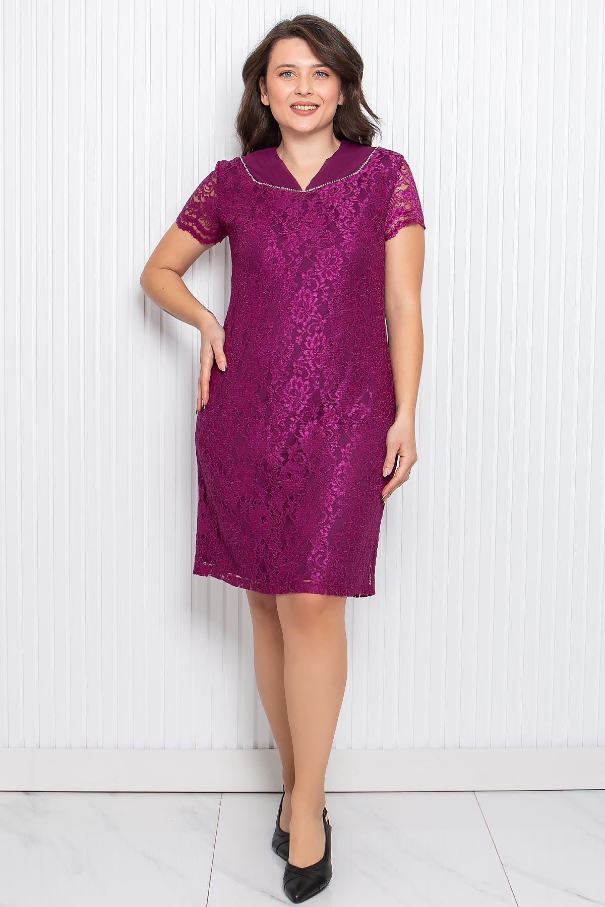 Stone Embroidered Lace Fabric Evening Dress plum MDA3091