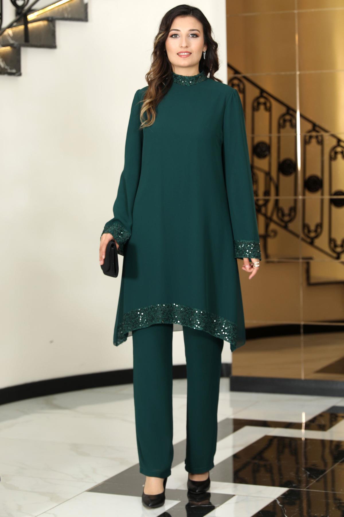 Umay Şifon Tunik Pantolon Takım Zümrüt ELB68