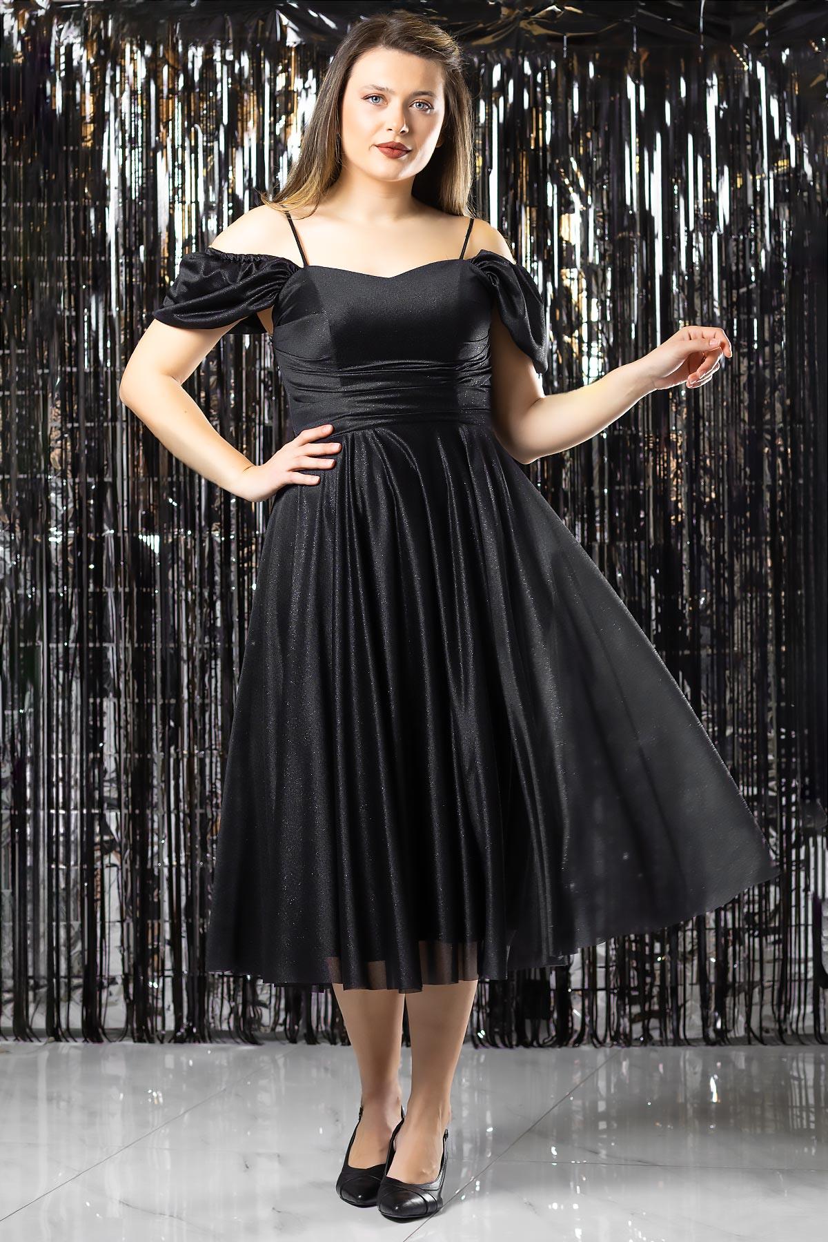 Askılı Simli Abiye Elbise Siyah MDV376