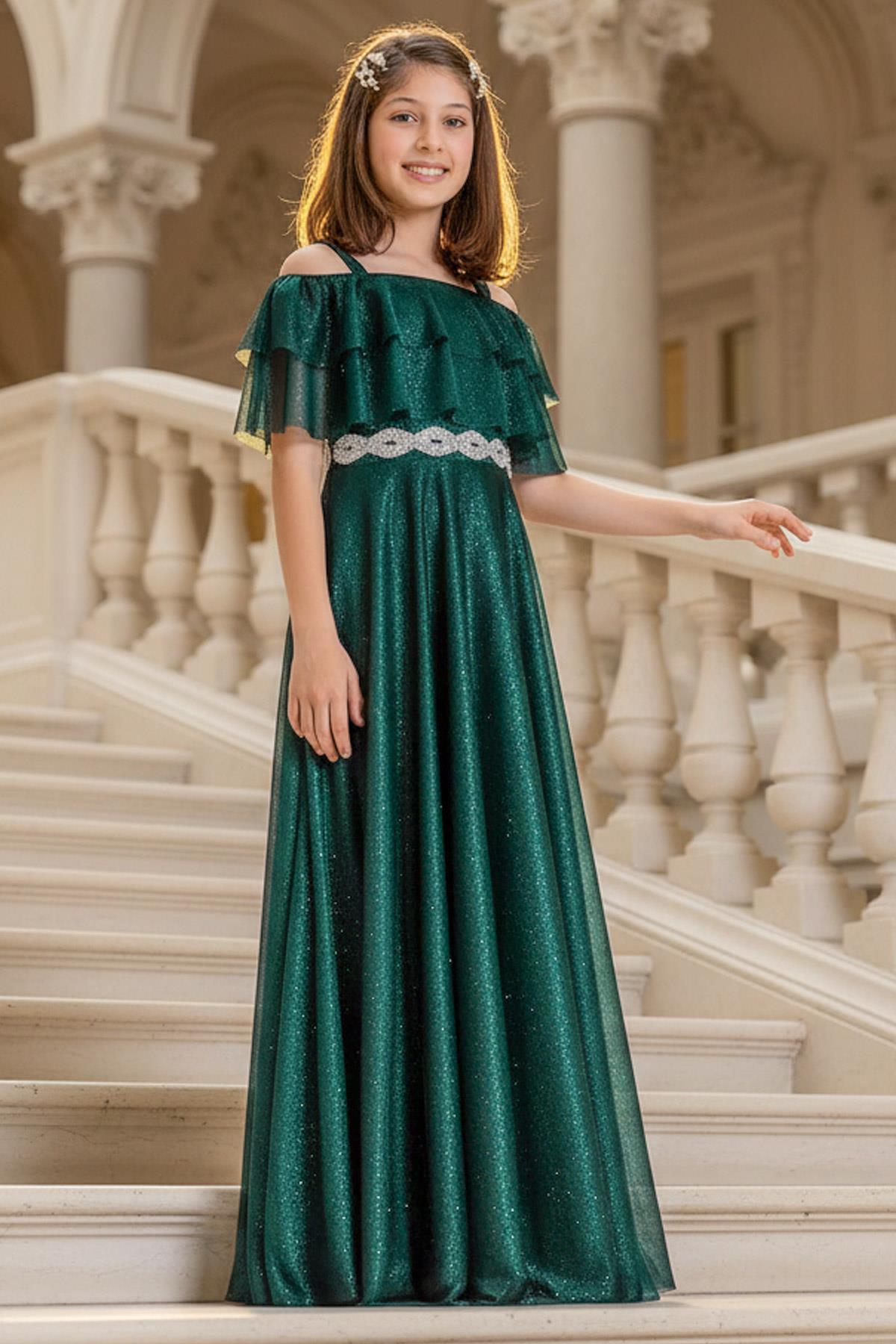 Robe de Soirée Enfant en Tulle Pailleté à Volants, Bleu Pétrole MDV314

